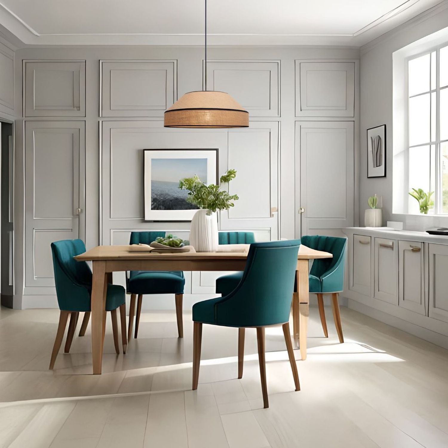 Esstisch, Holztisch, Teal Stühle, gedeckte Farben, Küchenzimmer-Dekor