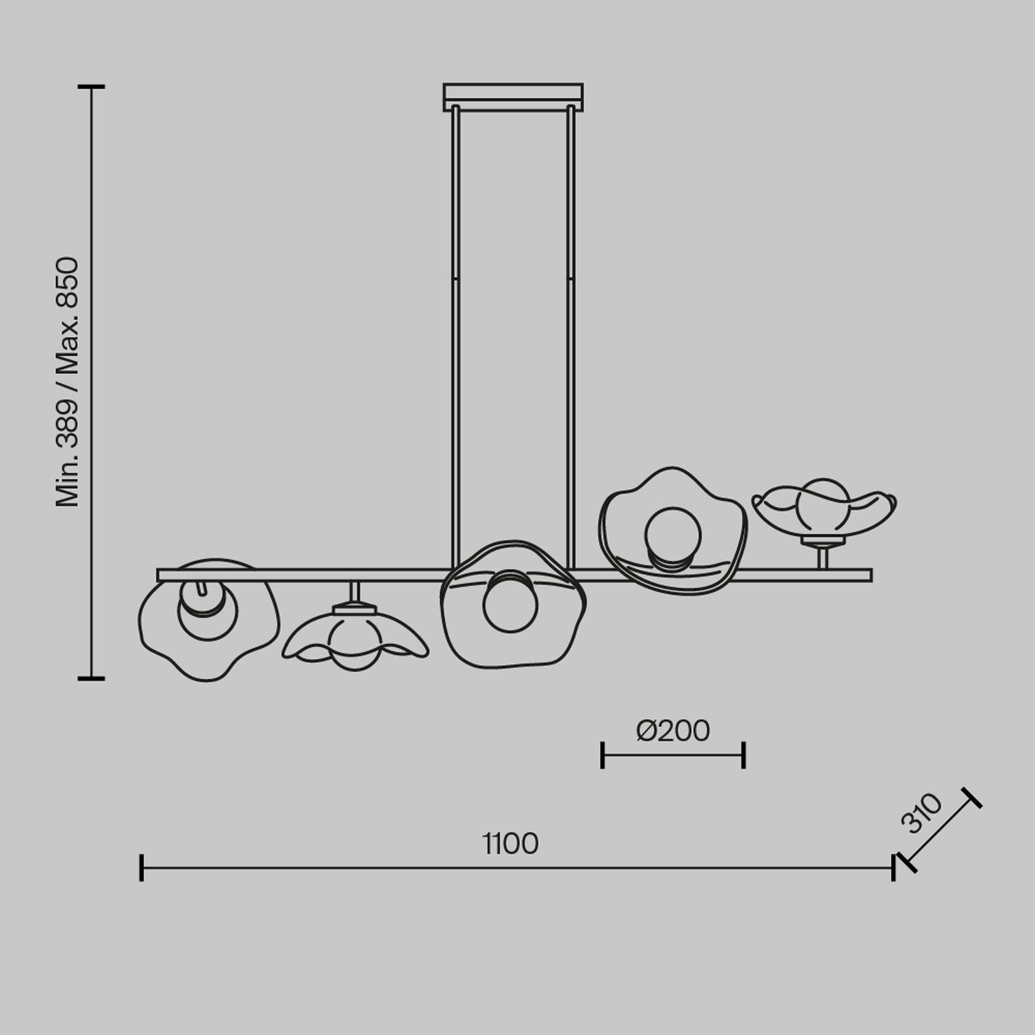 Suspension verre métal G9 H : max. 84,4 cm en laiton