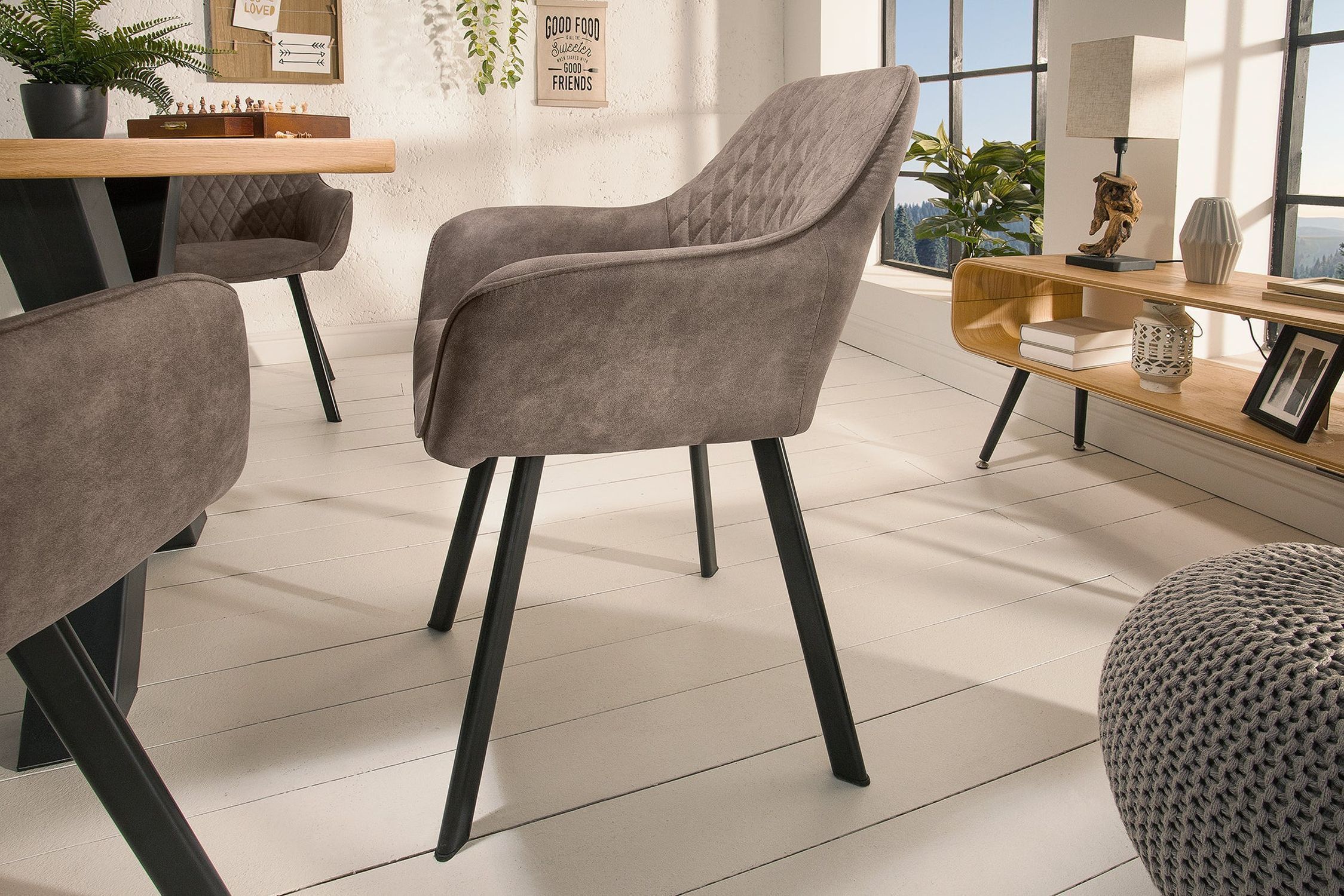 Chaise de salle à manger Retro Taupe Noir Tissu Métal avec accoudoirs Fußboden, Mobiliar, Drinnen, Innenarchitektur, Stuhl