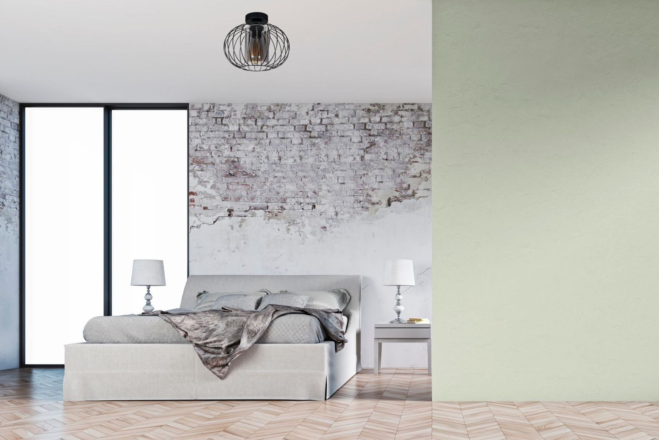 bett, schlafzimmer, backsteinwand, nachtkonsole, lampe