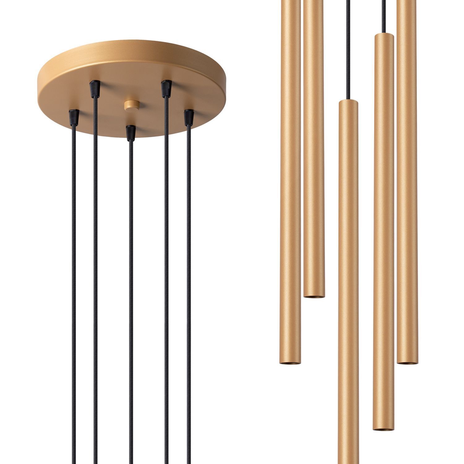 Runde Pendelleuchte Stahl Gold G9 L:25 cm akzentuiert pendant lamp, gold rods, ceiling mount, multi-pendant, black cords
