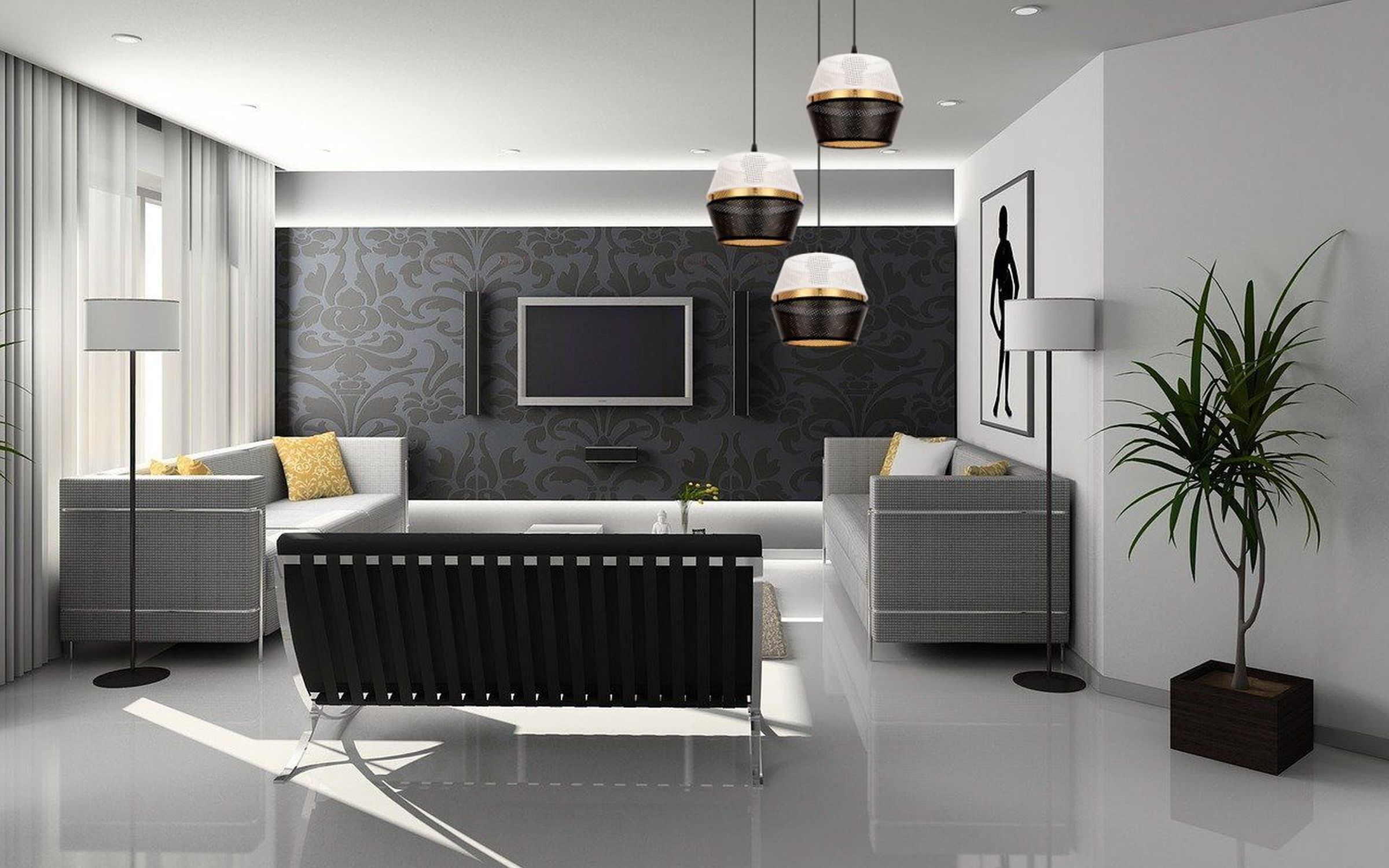 Hängelampe Schwarz Weiß Gold Metall B:45 cm E27 3-flmg Wohnzimmer, Innenarchitektur, Pflanze, Dekoration für Zuhause, Couch