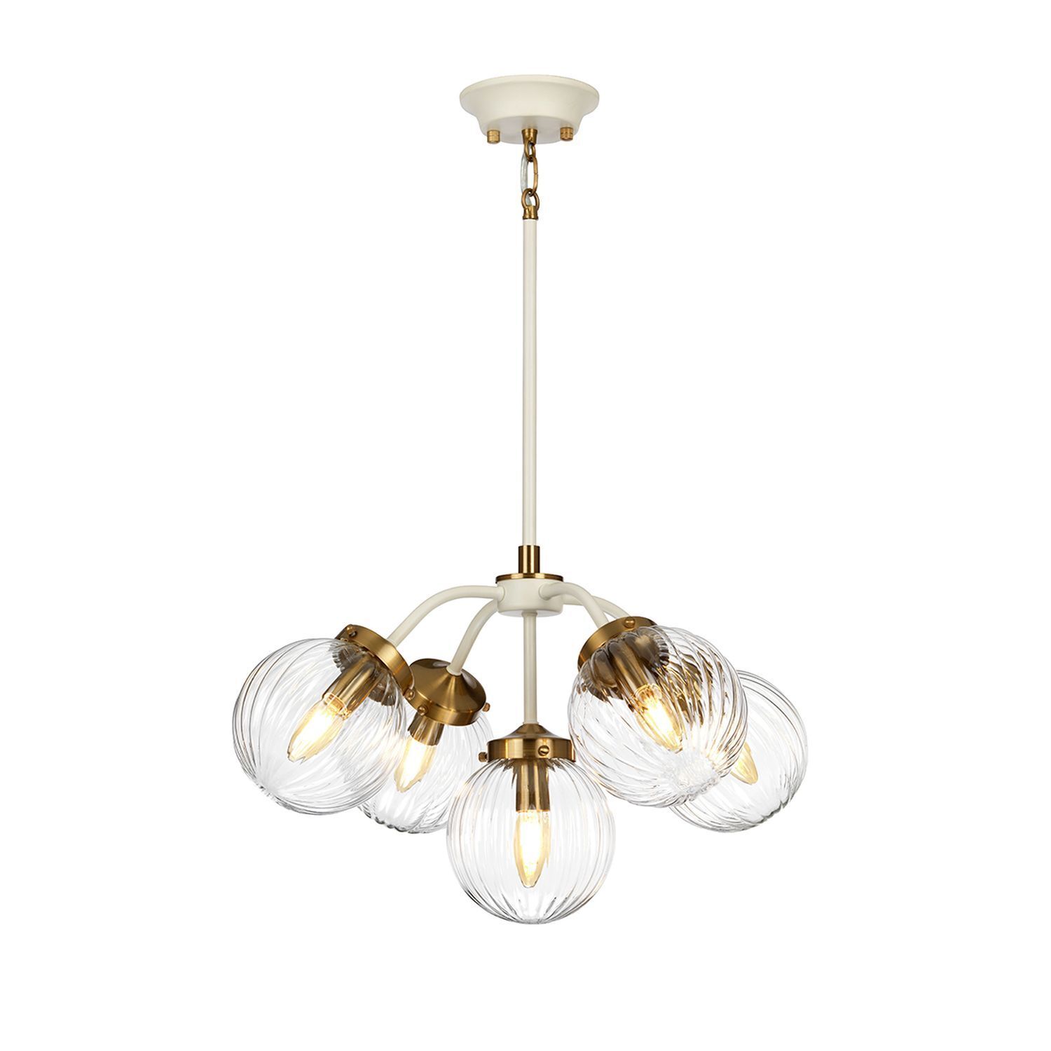 beleuchtung-haengeleuchte-pendelleuchte-haengelampe-casidi-5-flammig-creme-klar-transparent-messing-antik-vintage-274-1 Chandelier, Pendant light, Glas-Globus, Messing-Akzente, Fünf Glühbirnen