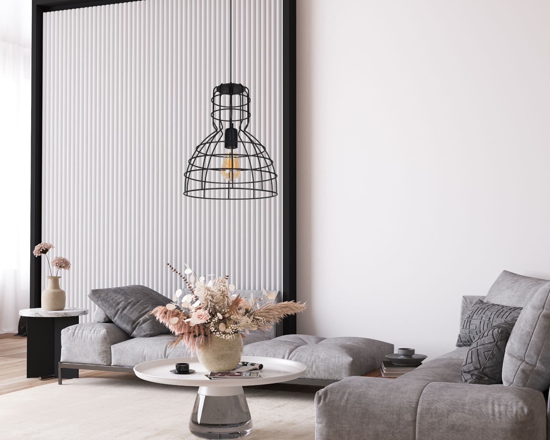 wohnzimmer, hängelampe, Metallkugel, Schirmlampe, Sofapaar