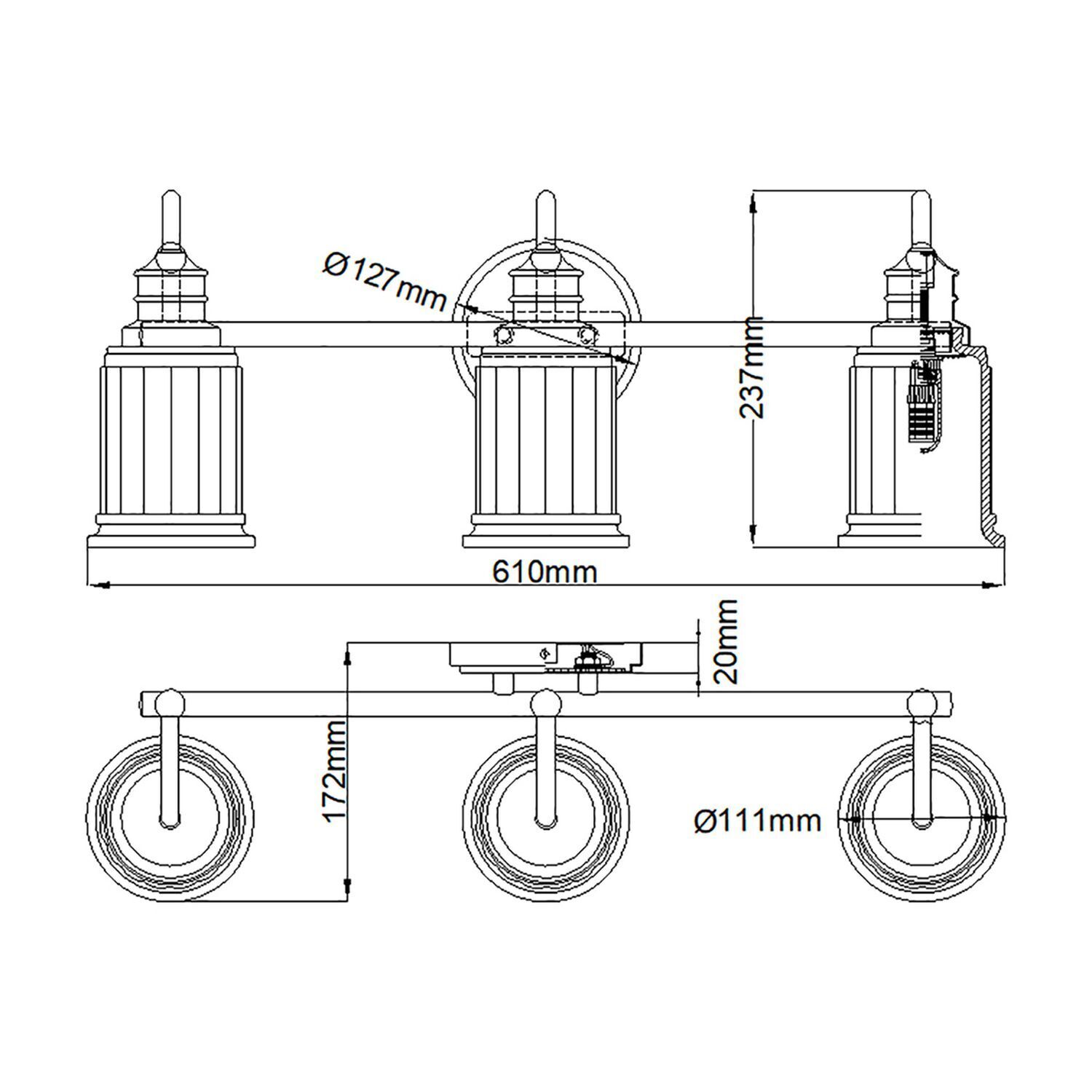 Lampe de salle de bain métal verre largeur 61 cm IP44 G9 3 flammes CAD-Diagramm, Diagramm, Handlung