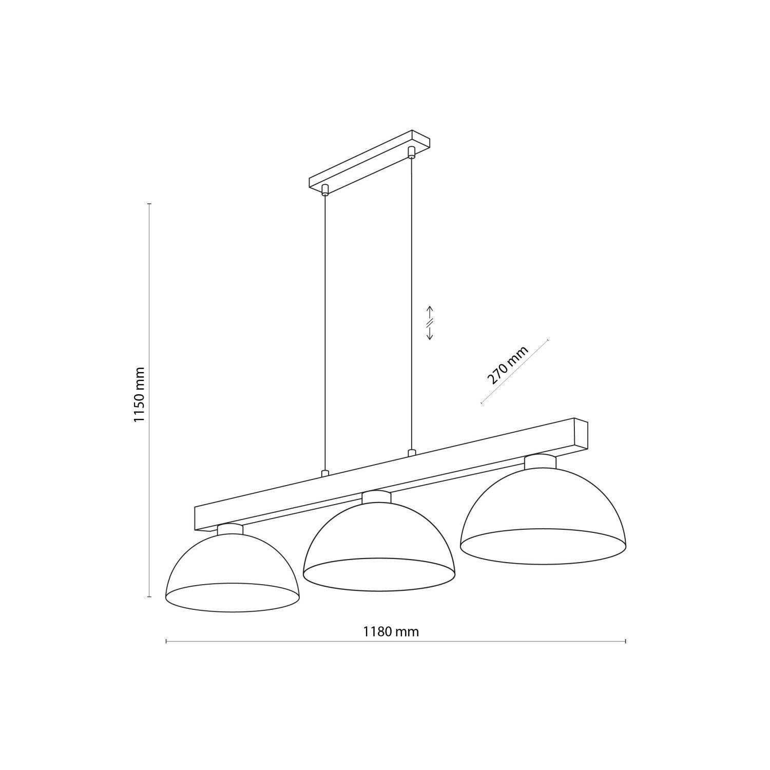 Suspension 3 flammes métal bois 118 cm de large E27