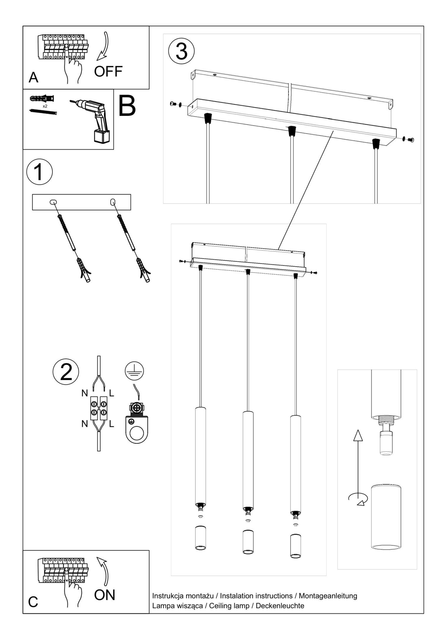 Lampe à suspendre noire métal verre 3 flammes G9 étroite