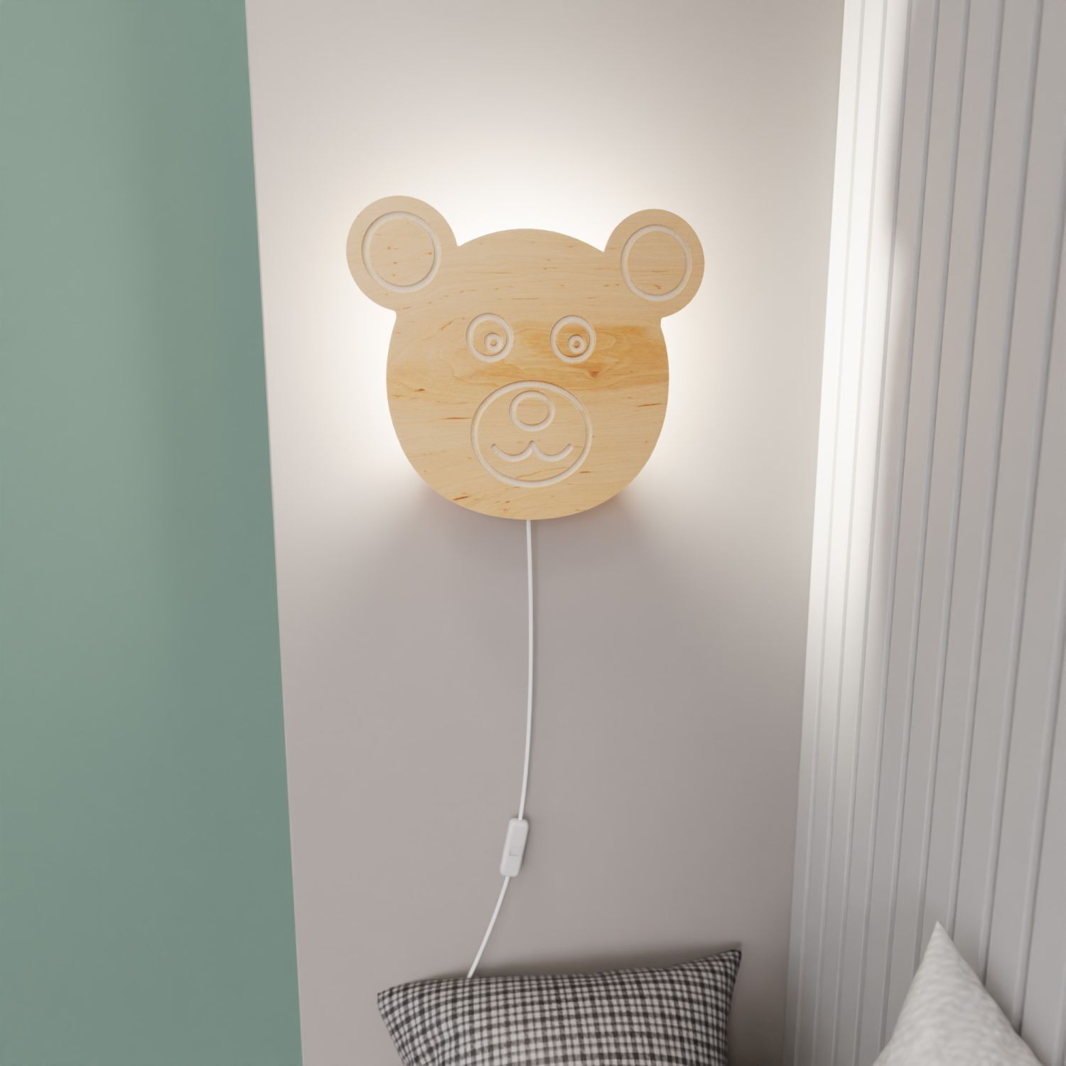 Applique enfant avec interrupteur fiche ours bois clair E14