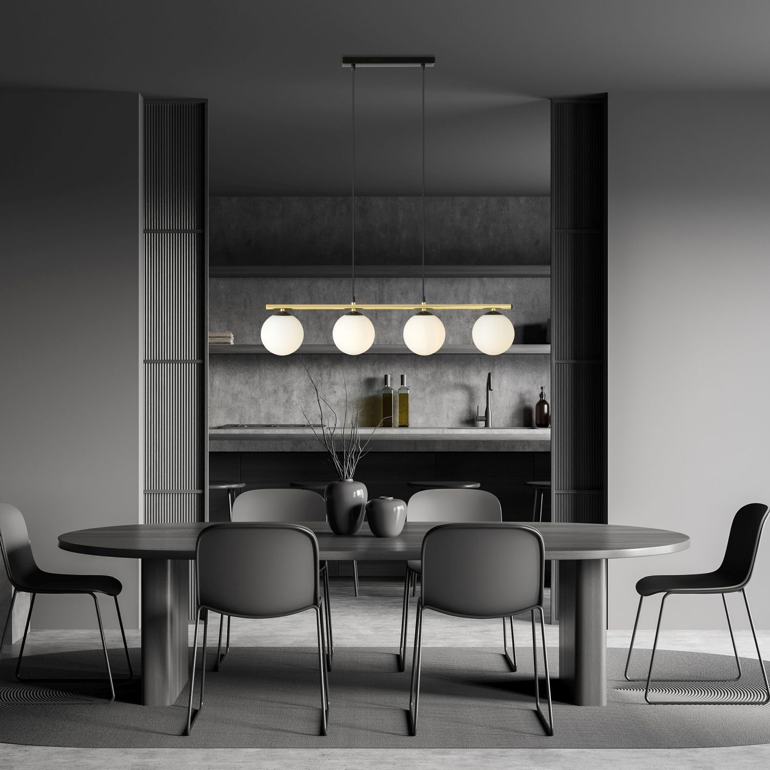 Lampe à suspendre allongée Abat-jour sphérique réglable 4x E14