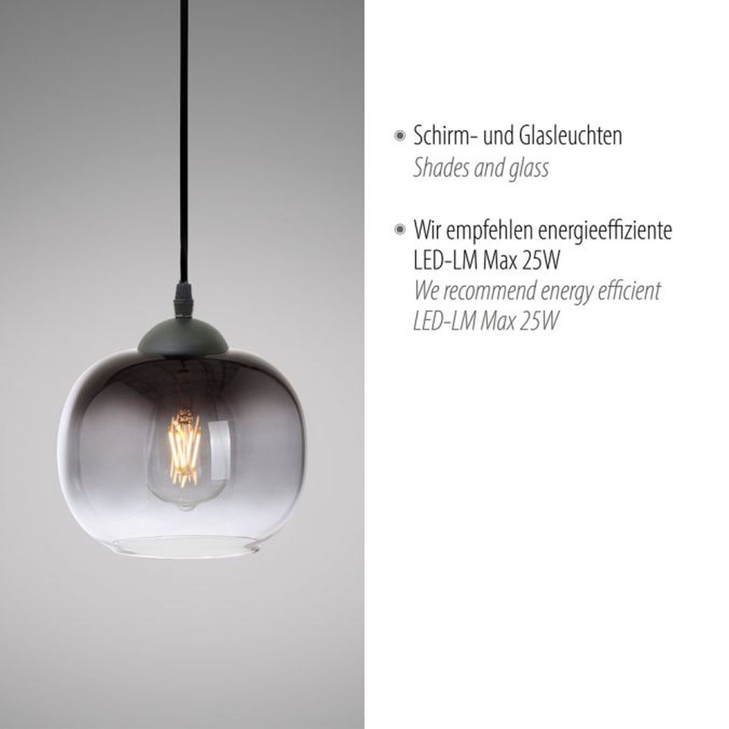 Lampe à suspendre Abat-jour en verre Gris fumé Noir E27 Ø19 cm rond