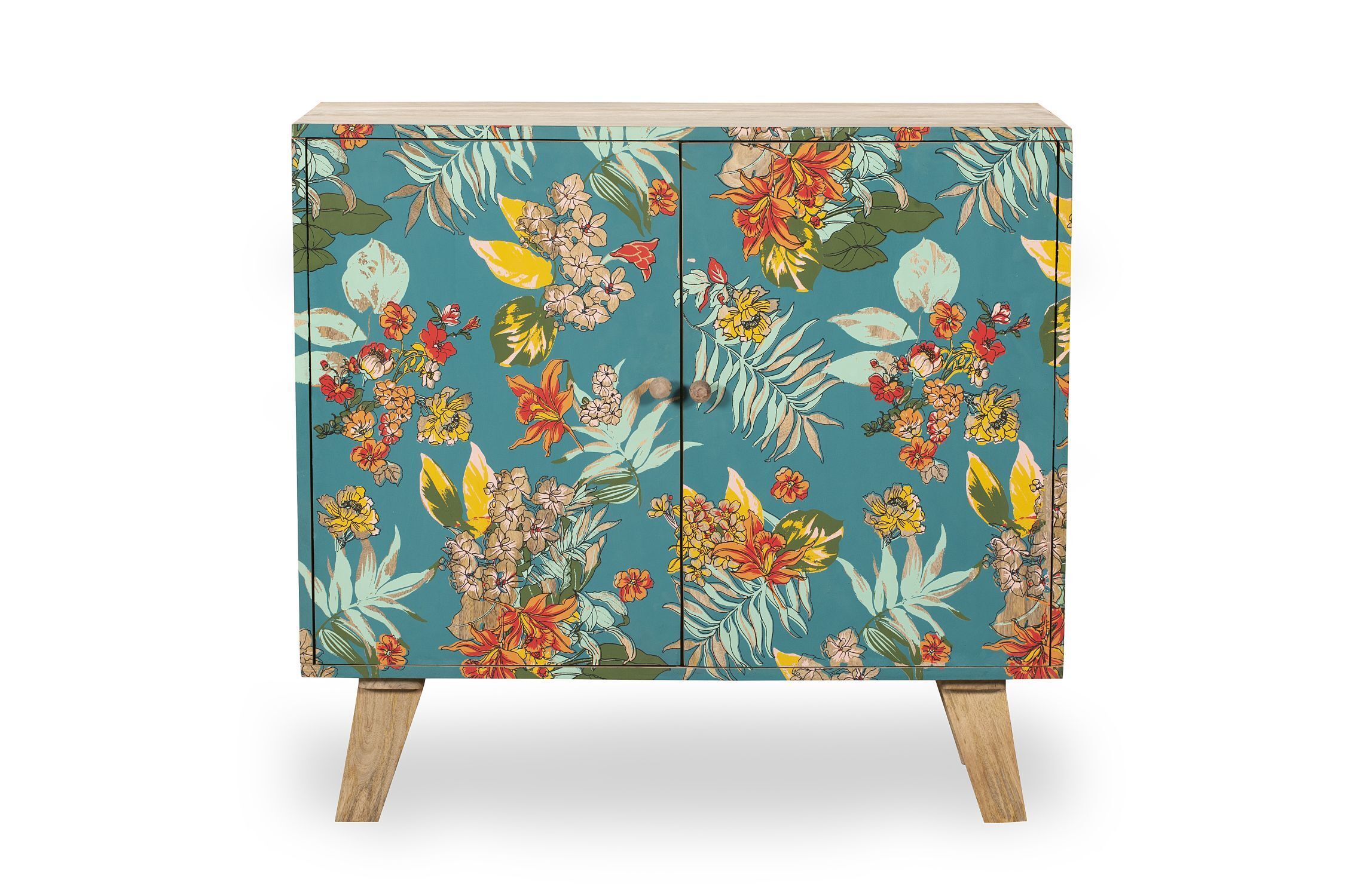 Florales Sideboard Bunt Türkis aus Mangoholz MDF B: 90 cm Moebel, Anrichte, Gemälde, Kabinett, Schrank