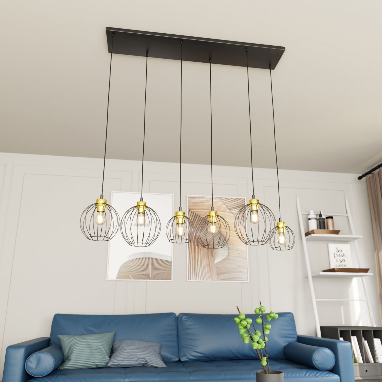 Längliche Pendelleuchte Schwarz Gold 6-flammig elegant Pendelleuchte, hängende Lampe, Drahtgitter-Lampe, Metallfinish, Wohnzimmer-Beleuchtung