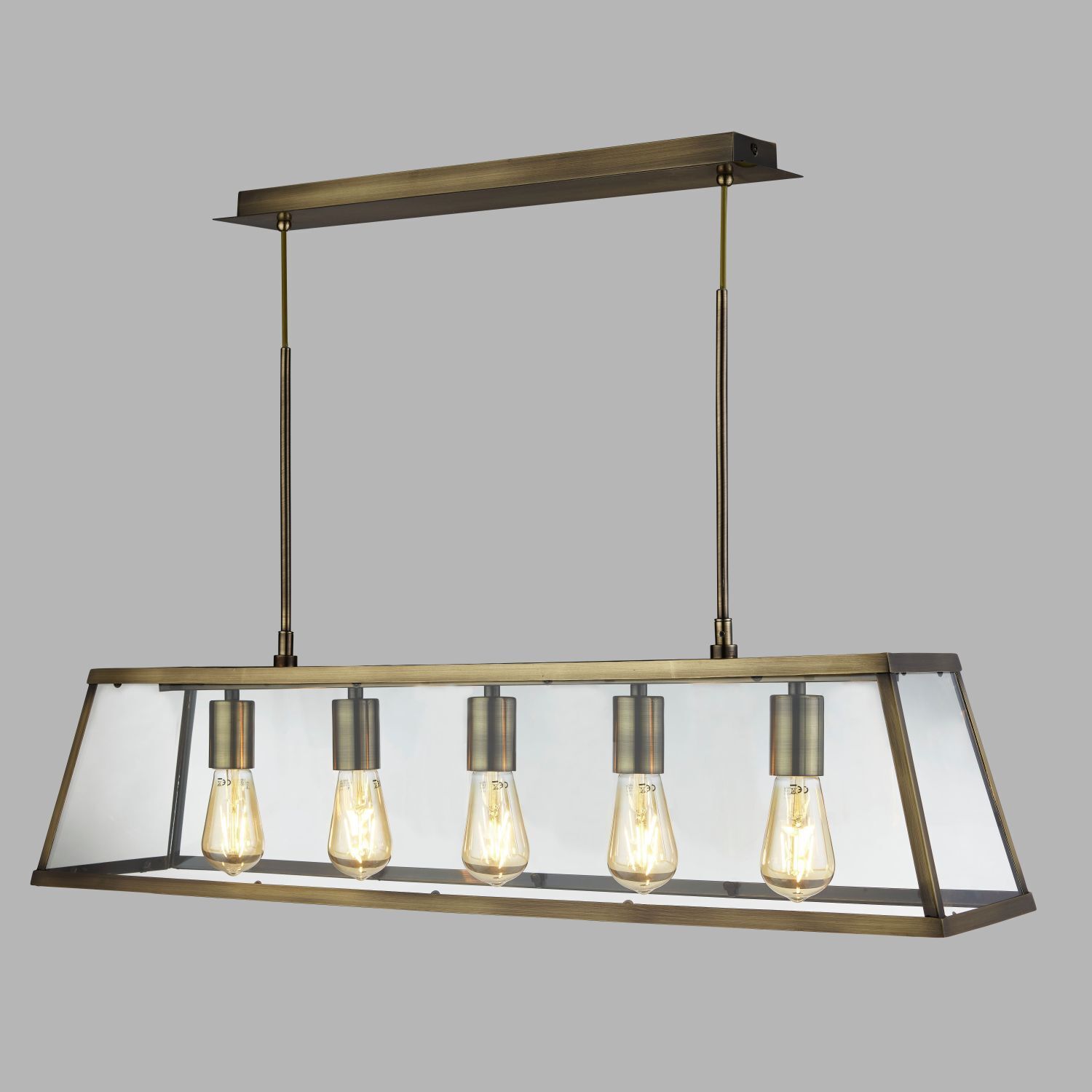 Suspension verre métal L : 90 cm en laiton antique 5x E27