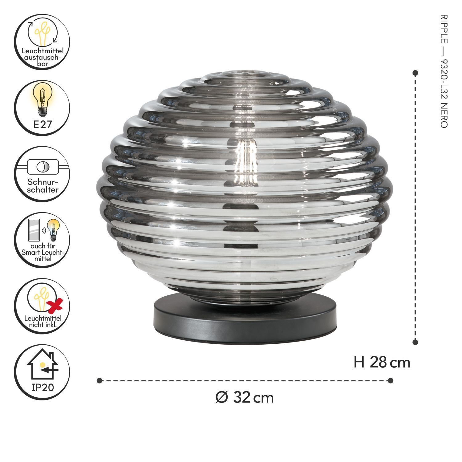 Tischleuchte Rauchglas Metall Schwarz E27 28 cm Ø32 cm Globus, Licht, Design, Spirale, Tischleuchte