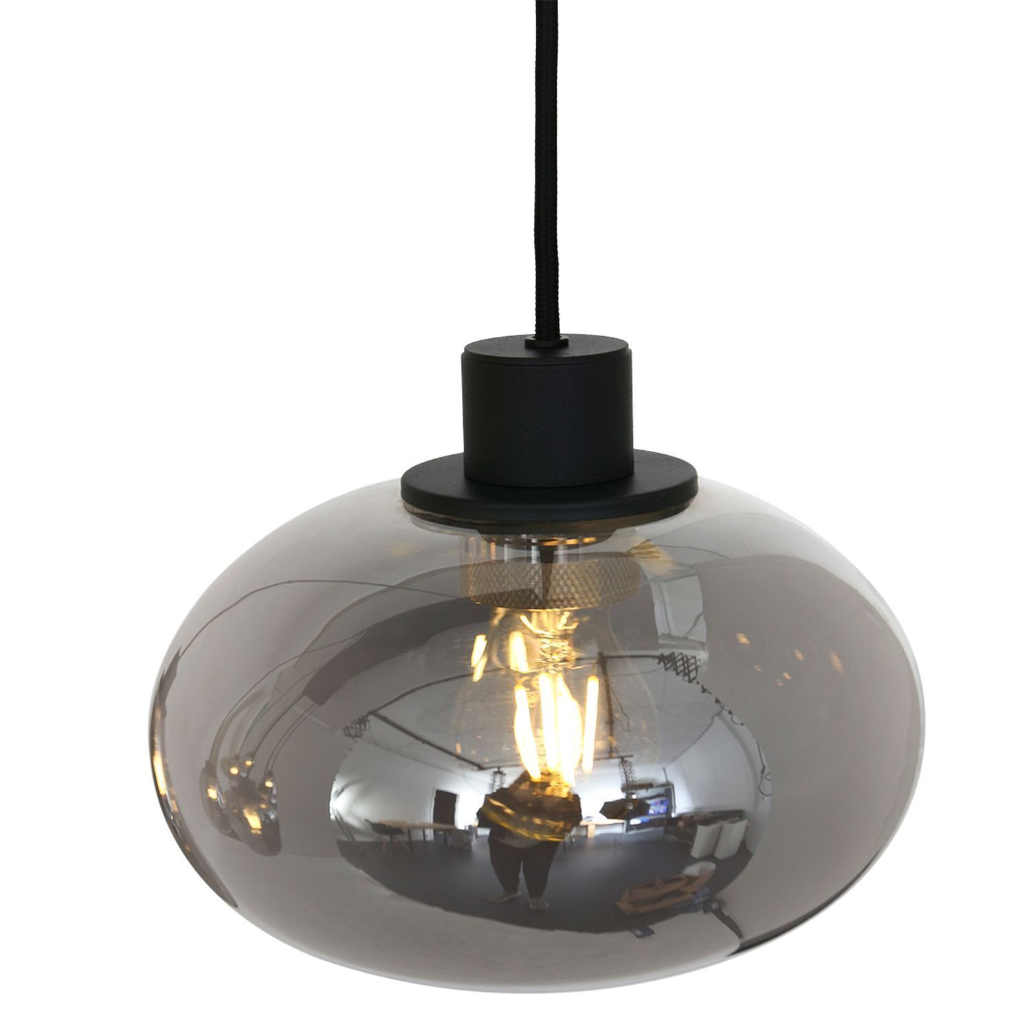 Lampe à suspendre ronde noir gris fumé verre métal 145 cm