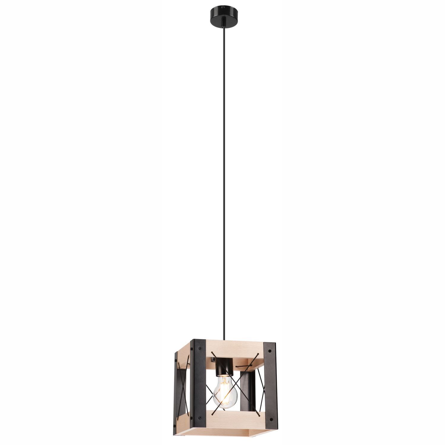 Lampe à suspendre Bois Métal ajustable Noir Naturel E27 Rustique