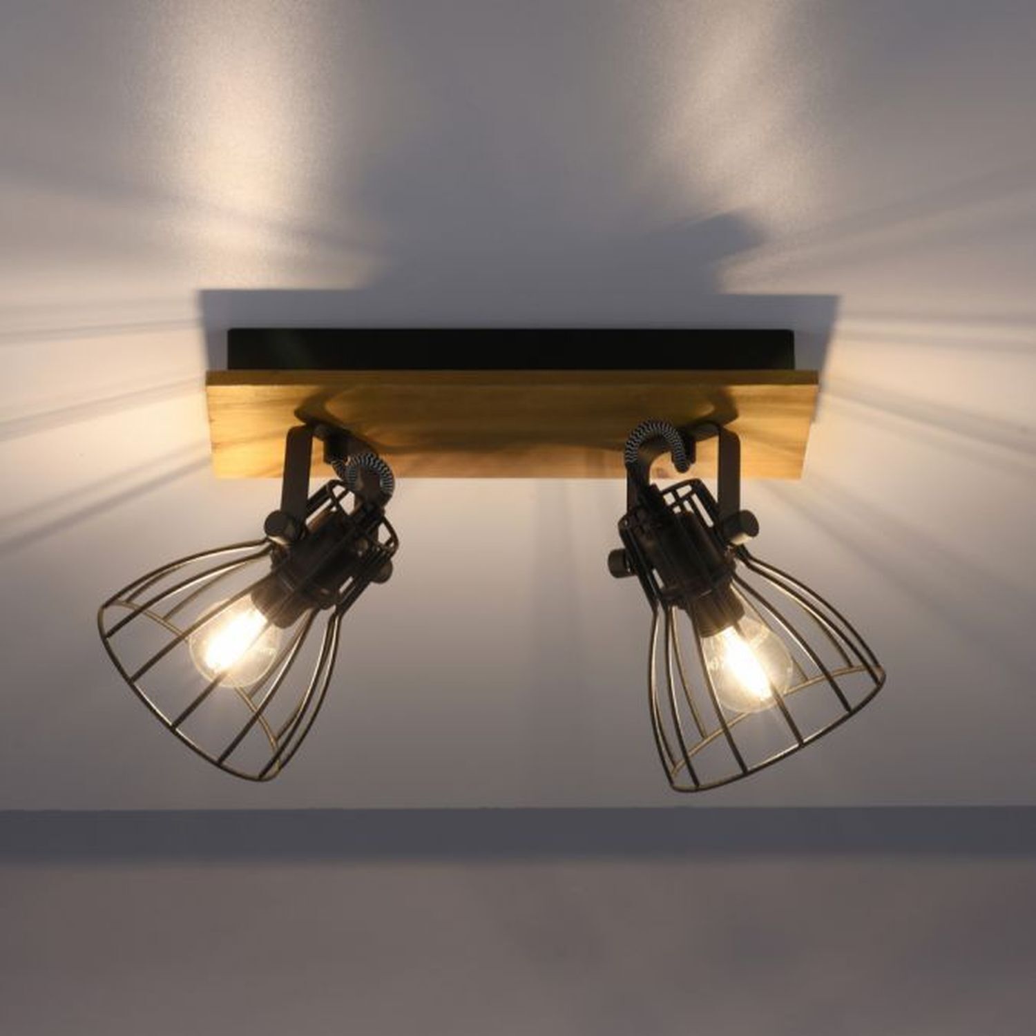 Spot de plafond bois métal fil 2 flammes E14 orientable