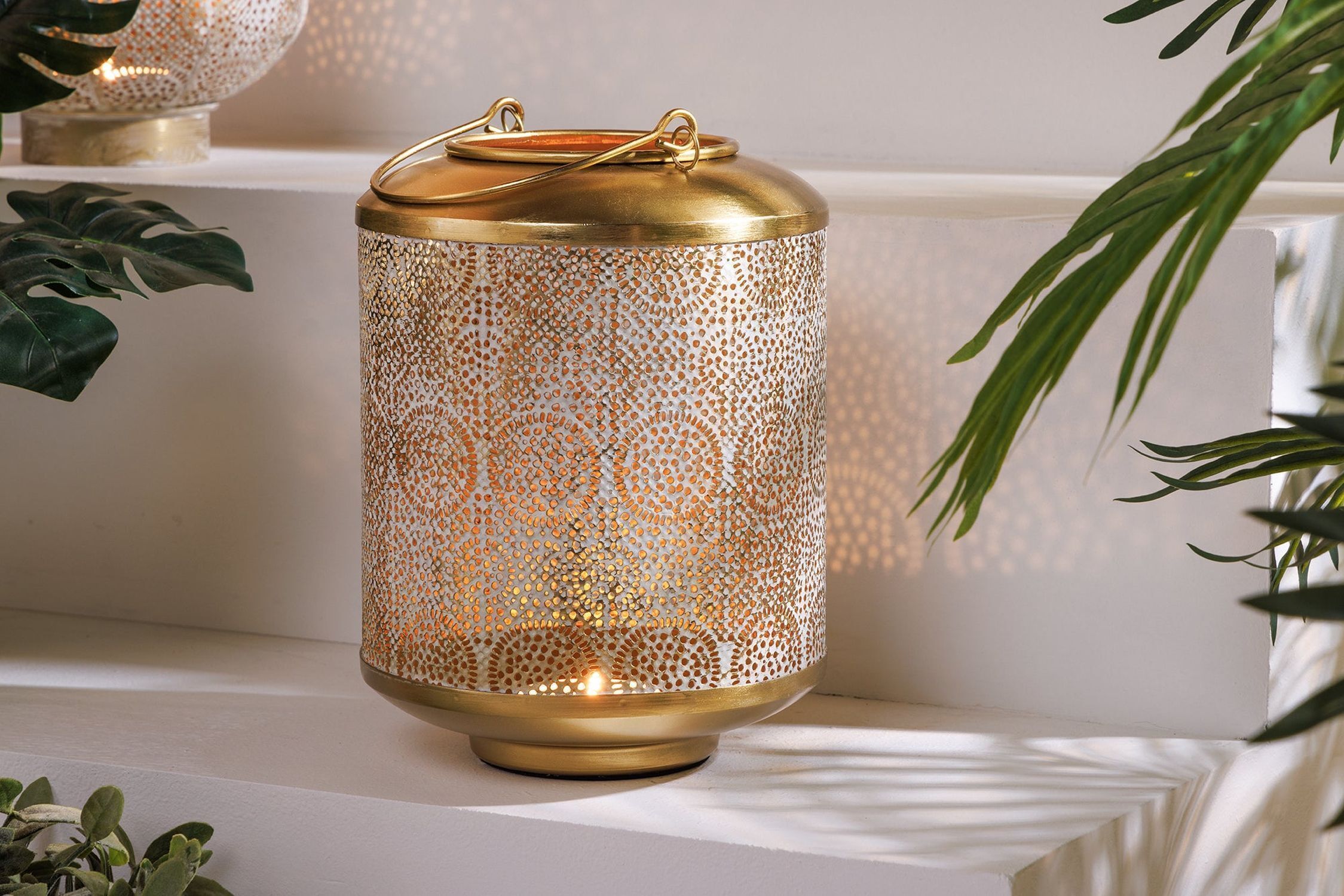 Lanterne Fer Ø 18 cm Blanc Or Artisanat REMUS Krug, Lampe