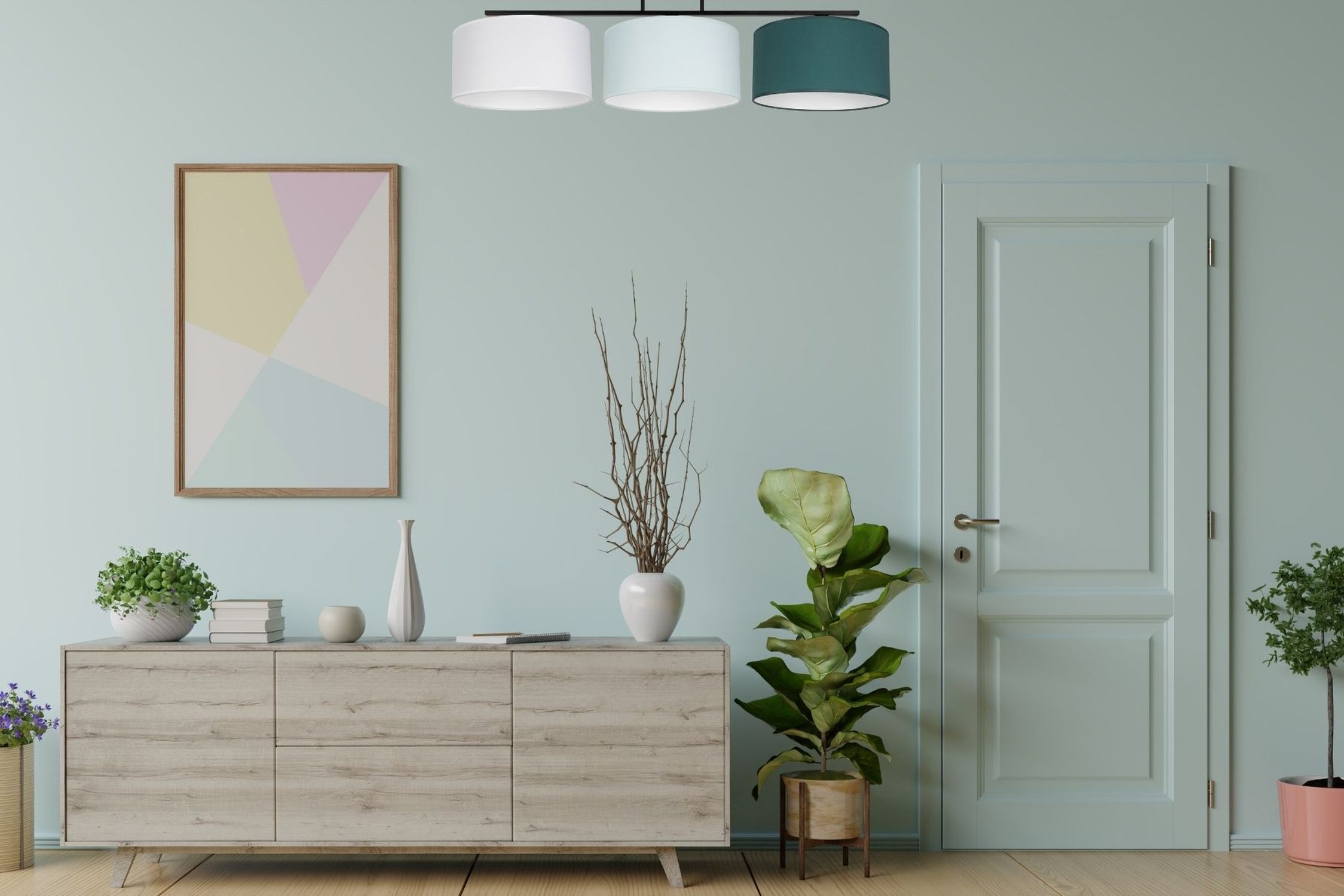 Deckenlampe Stoff Weiß Mint Grün E27 L:100 cm blendarm wohnzimmer, kombination, sideboard, pflanze, deko