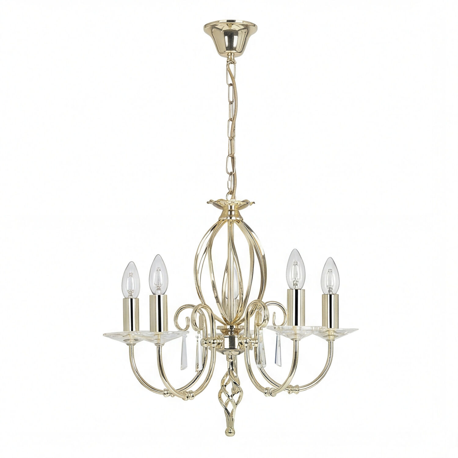 haengeleuchte-pendelleuchte-haengelampe-candela-5-flammig-messing-poliert-klassisch-01 Kronleuchter, Chandelier, Metall, Klarglas, 5-Lampen