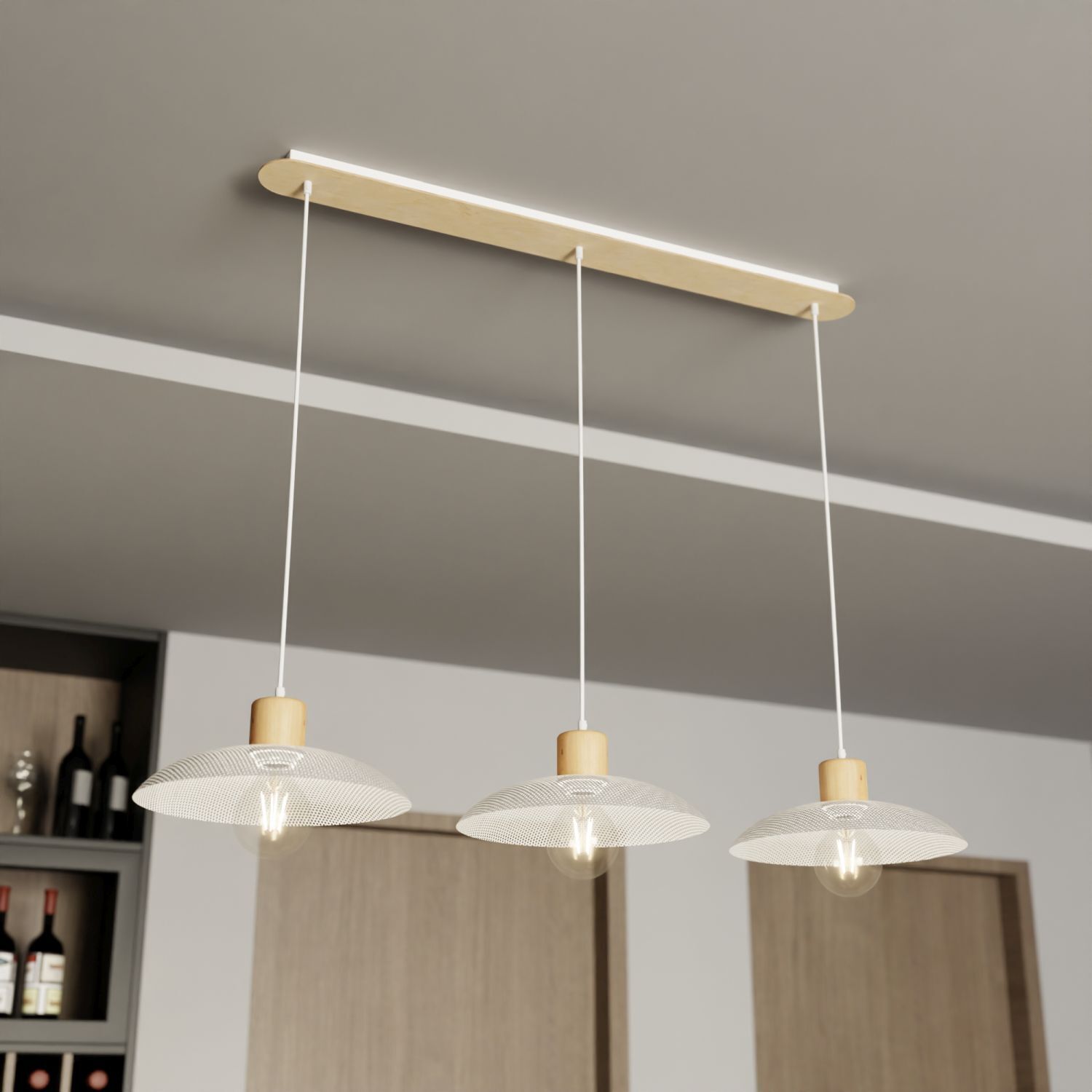 Suspension 3 flammes E27 L : 90 Blanc imitation bois métal