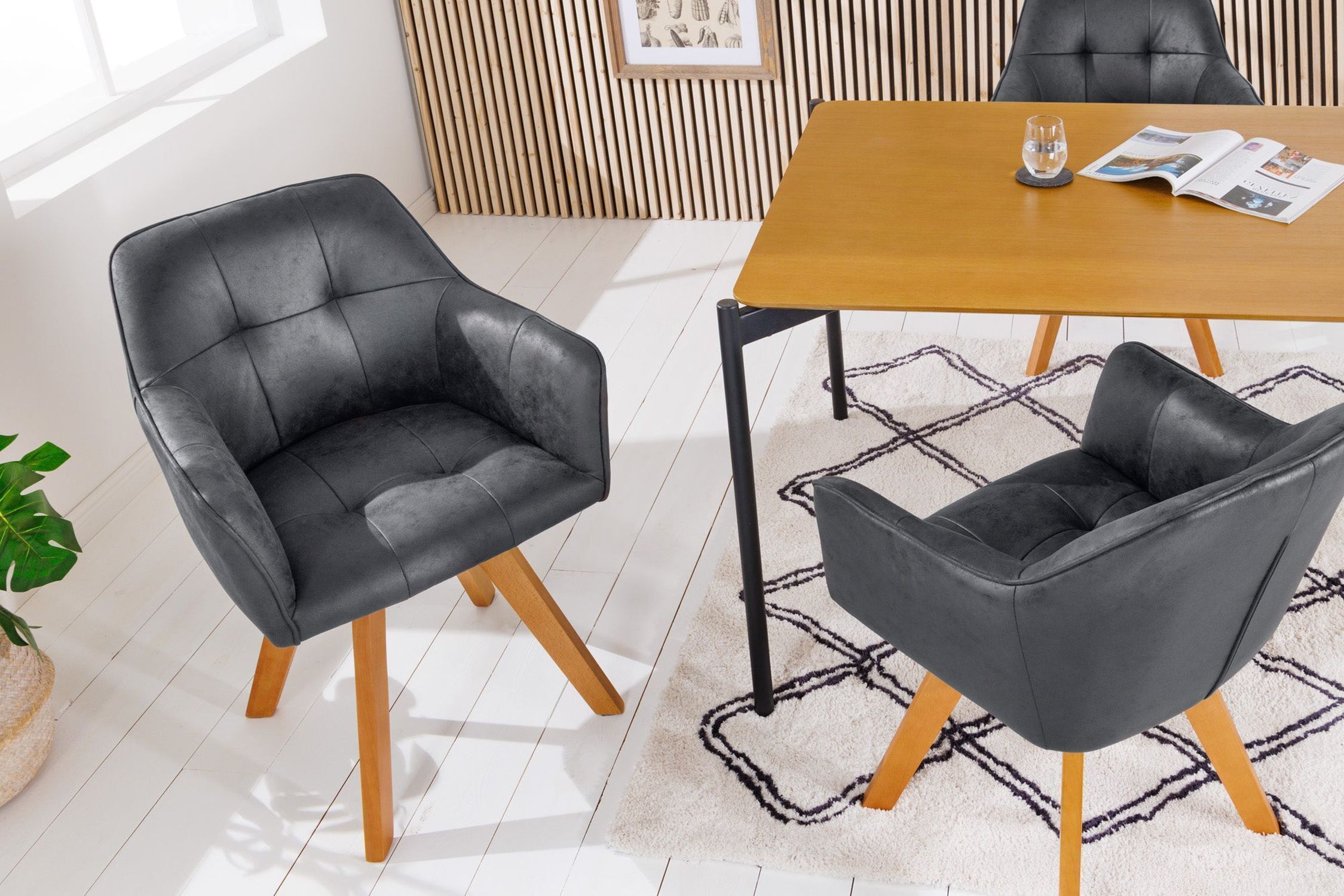 Chaise pivotante sans roulettes Gris Naturel Velours Bois avec accoudoirs Moebel, Stuhl, Drinnen