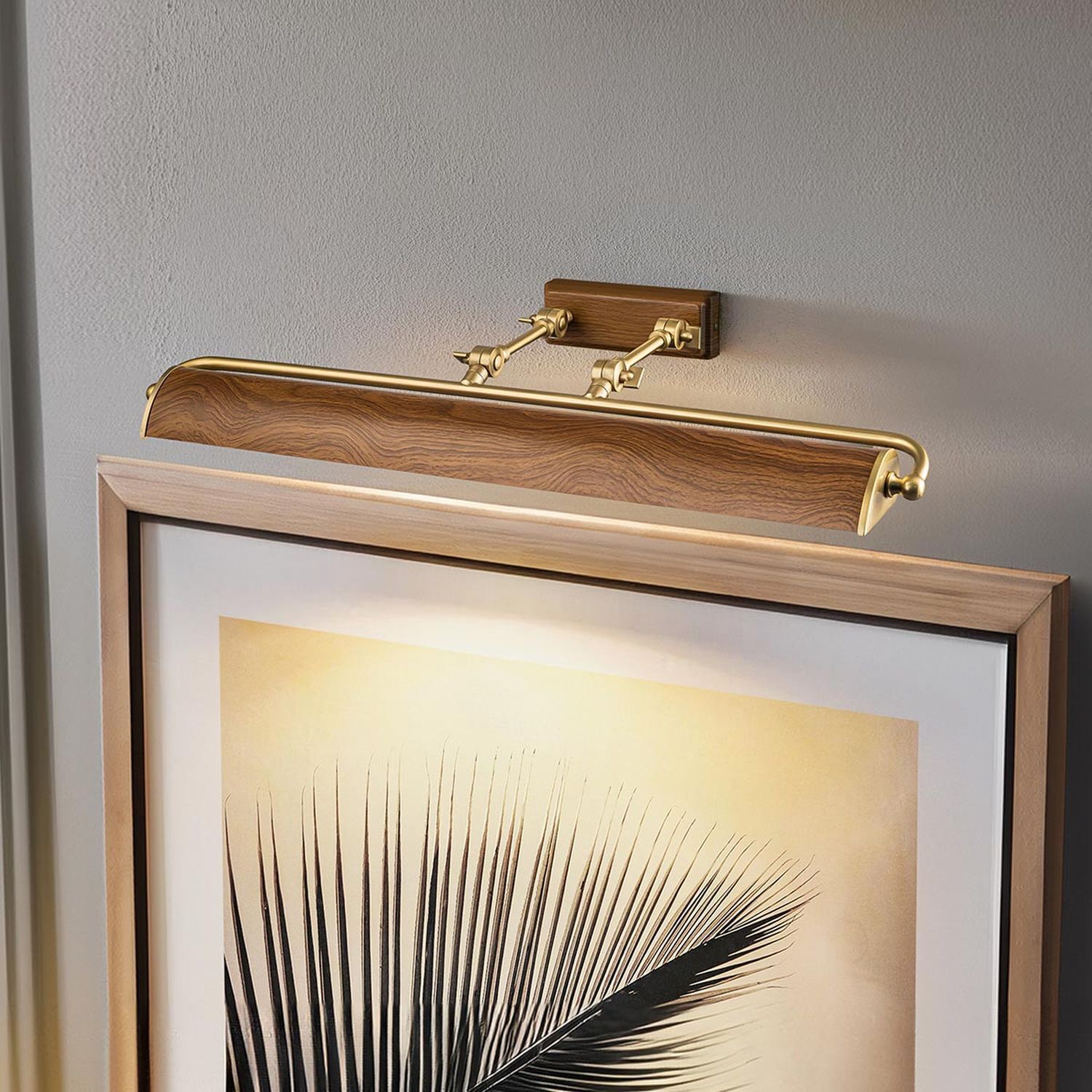 Bilderleuchte Holzoptik Metall 70 cm in Eiche Messing Antik Fotorahmen