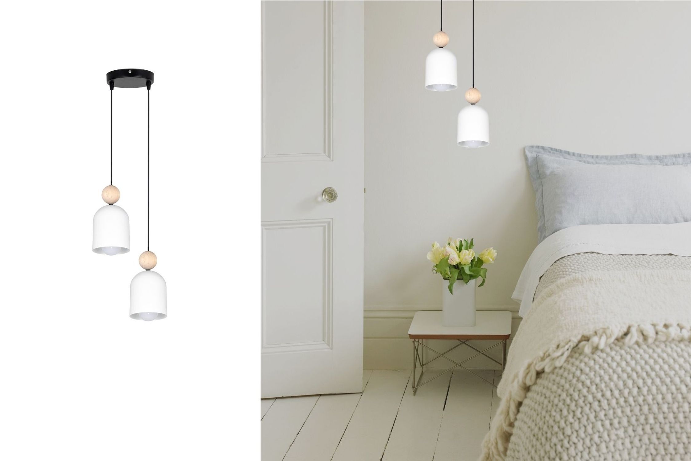Suspension ronde Blanc Métal Bois 2flmg E27 Ø21 cm
