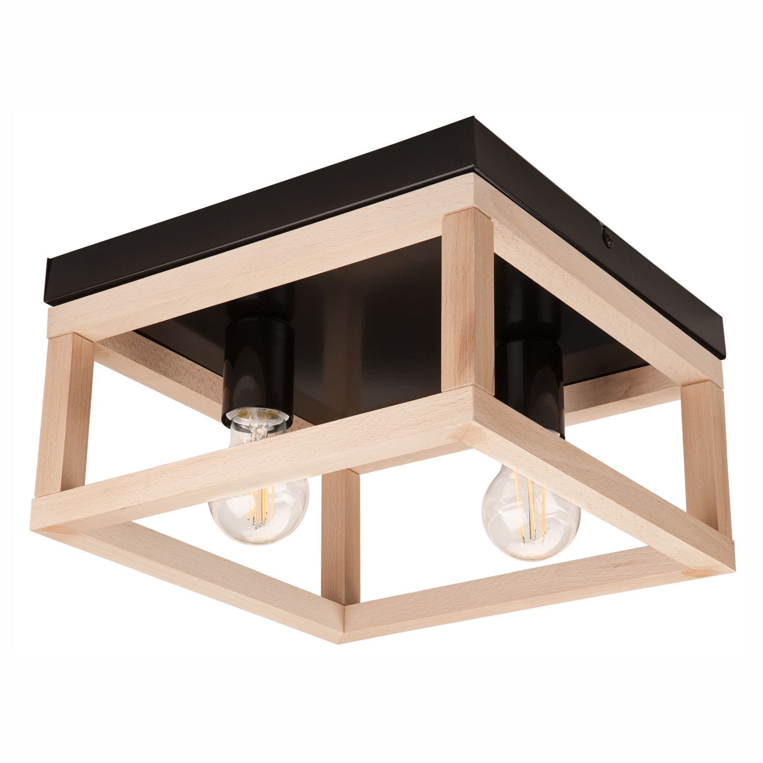 Plafonnier noir naturel 2x E27 L : 30 cm carré bois métal
