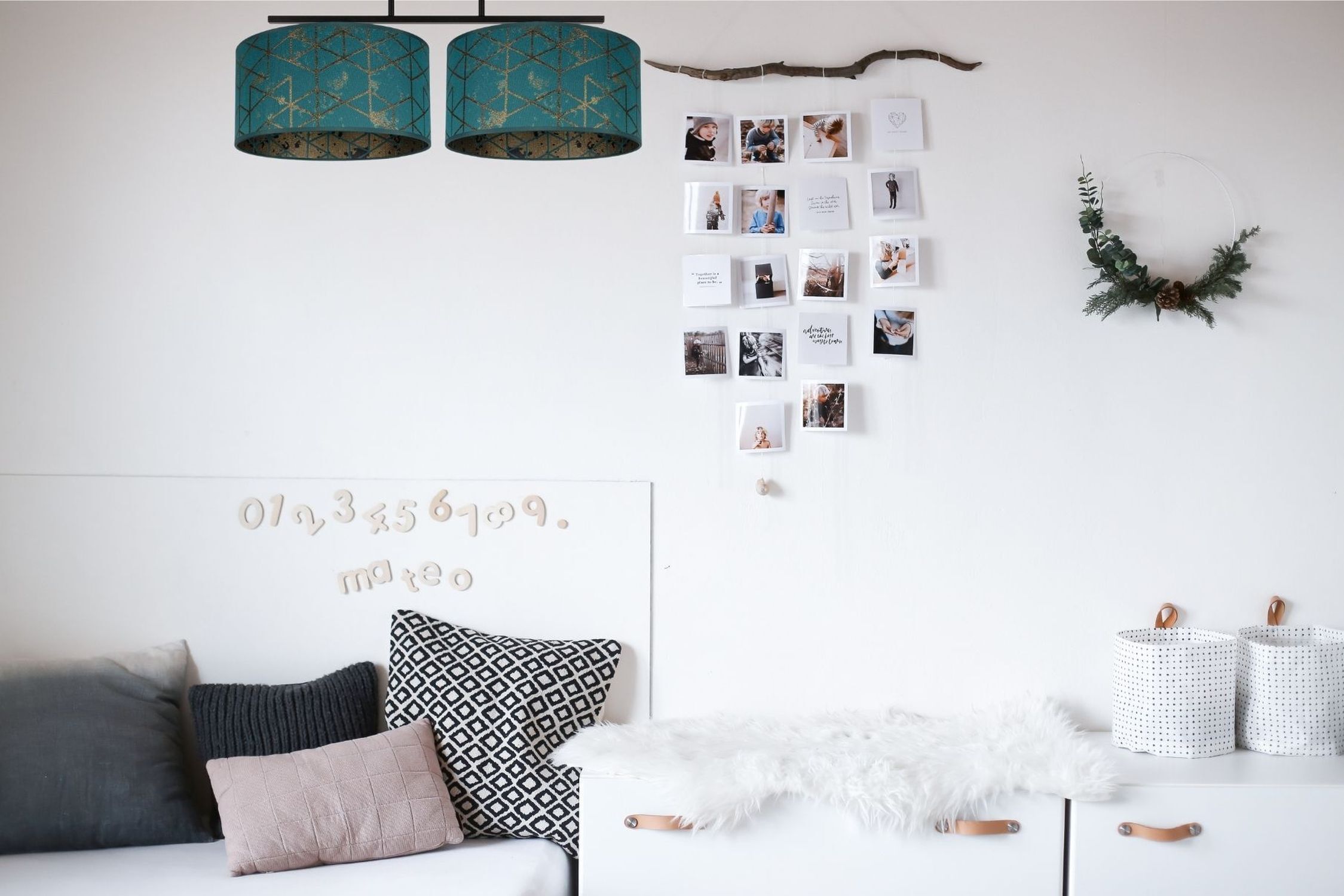 Gemütliche Deckenlampe Stoff Grün Muster E27 L:70 cm wohnzimmer, deko, fotogalerie, kissen, weiße wand