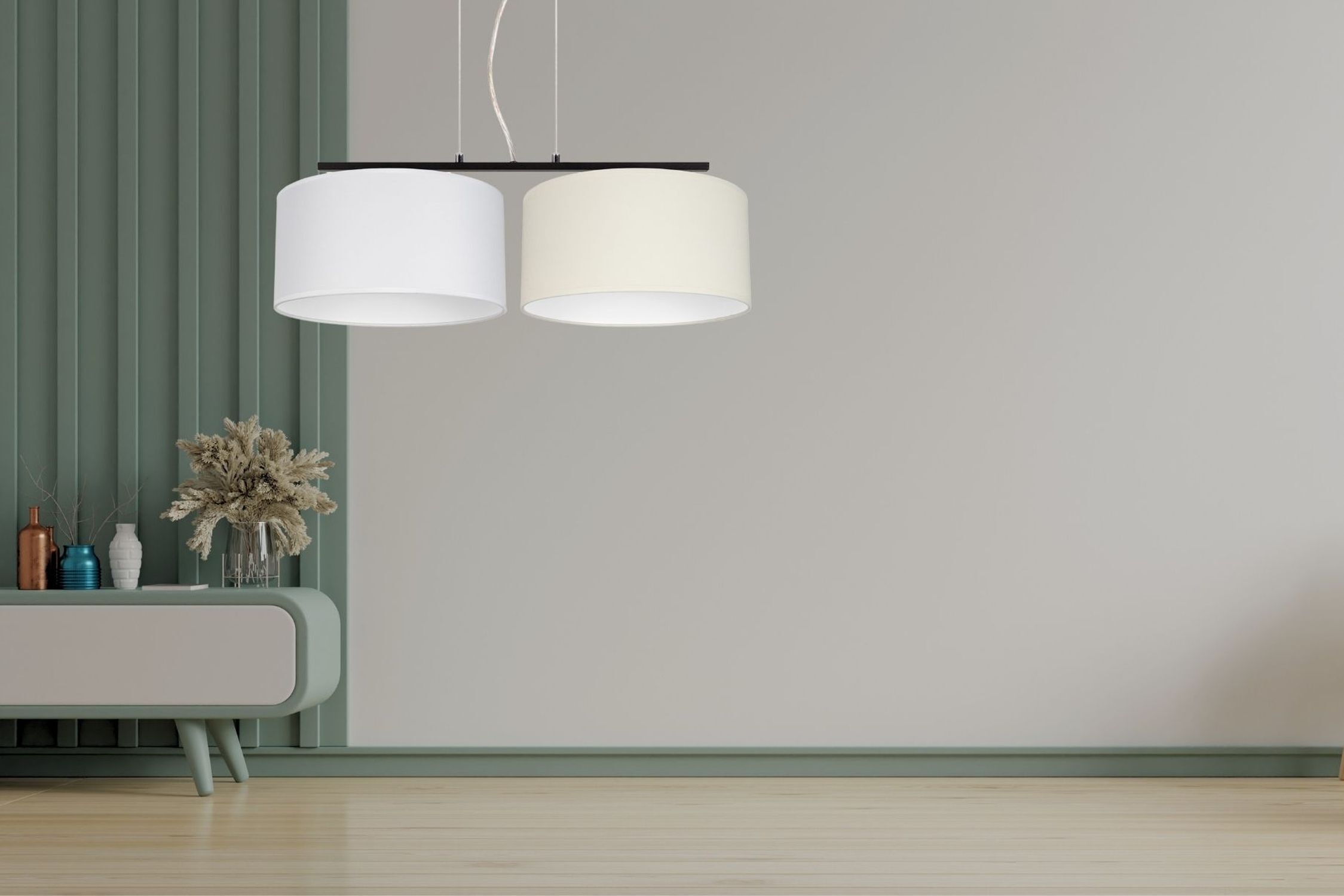 Pendelleuchte, Doppel-Schirm, weiß-beige, Diffusor ohne Glas, Wohnzimmer-Deko