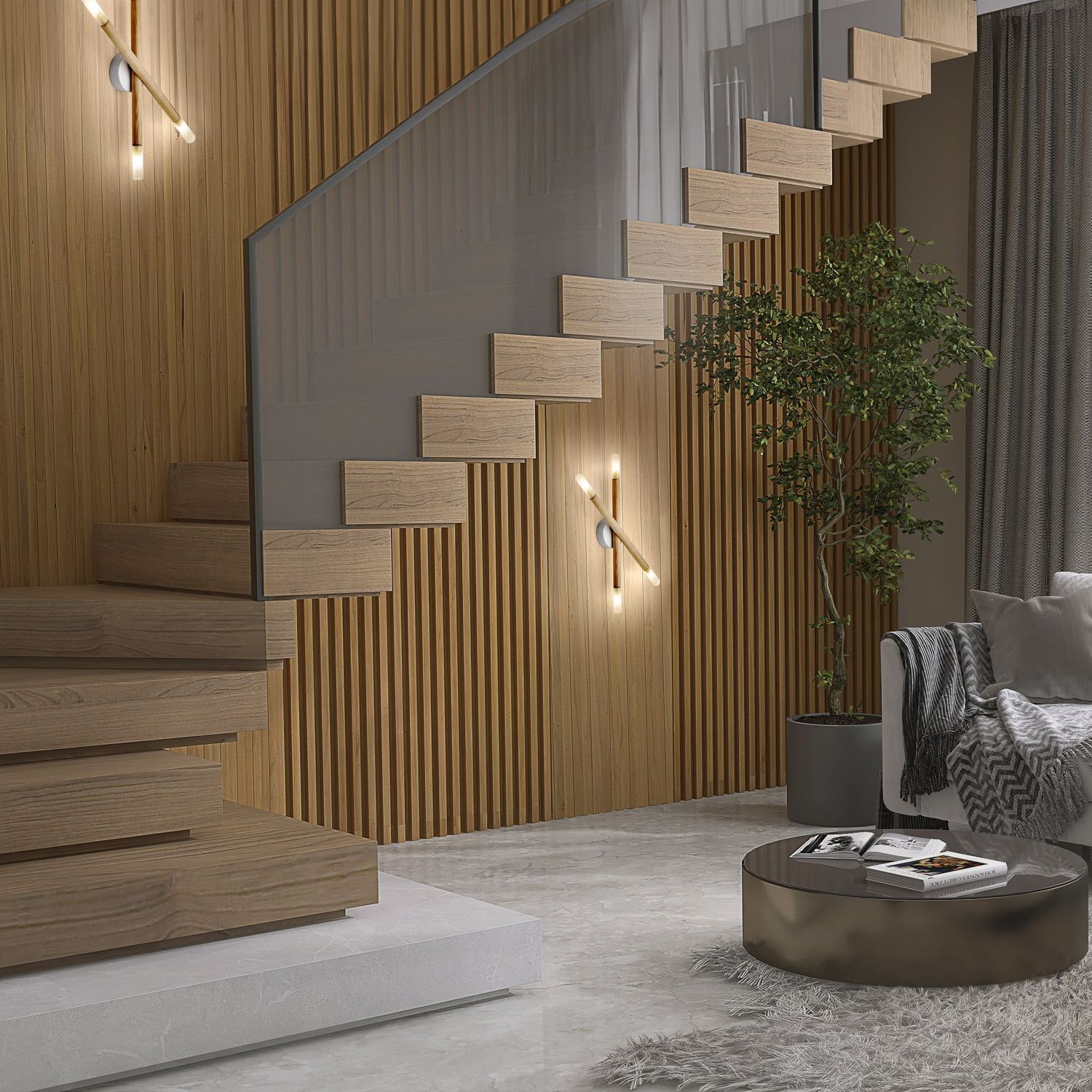 Drinnen, Innenarchitektur, Paneele aus Holz, Foyer, Treppe