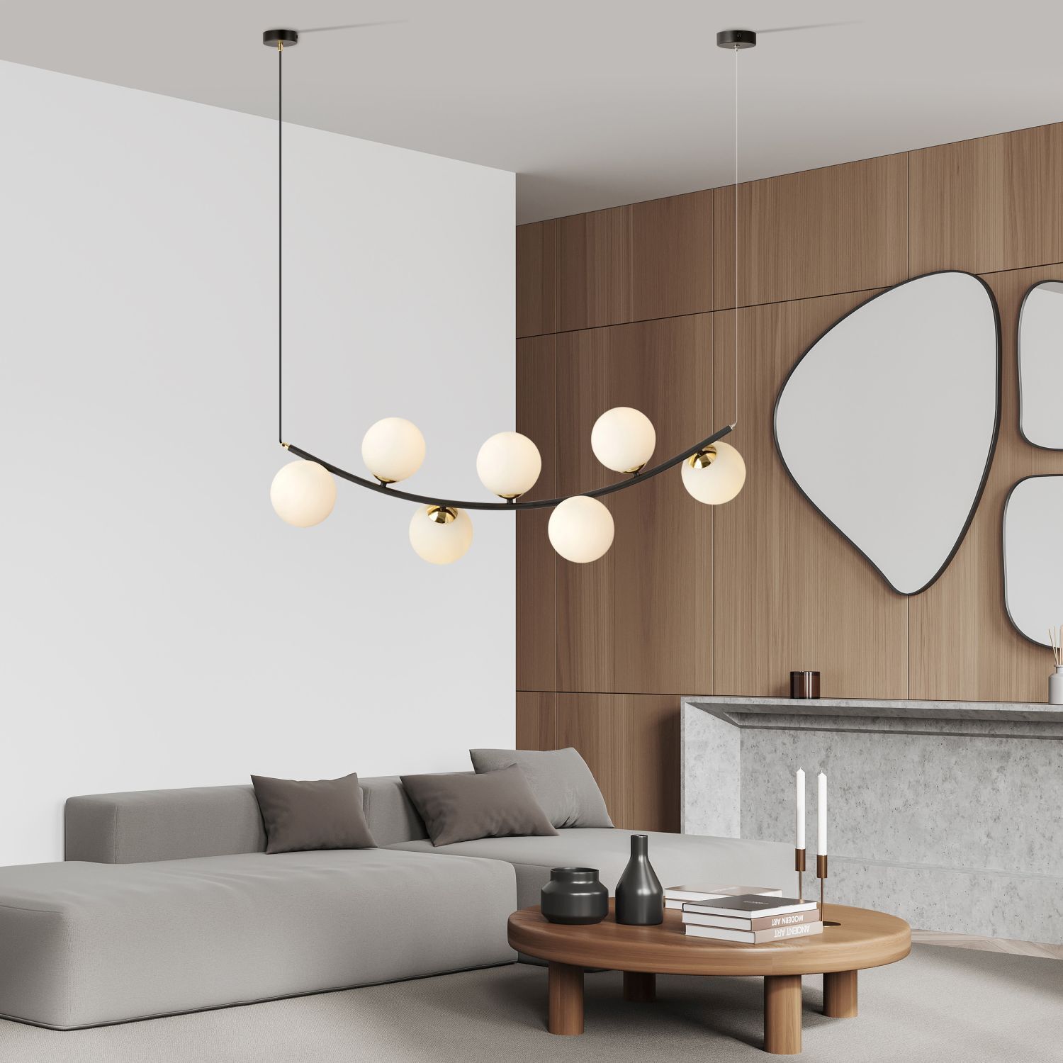 Suspension noir blanc or L : 95 cm 7x E14 métal verre