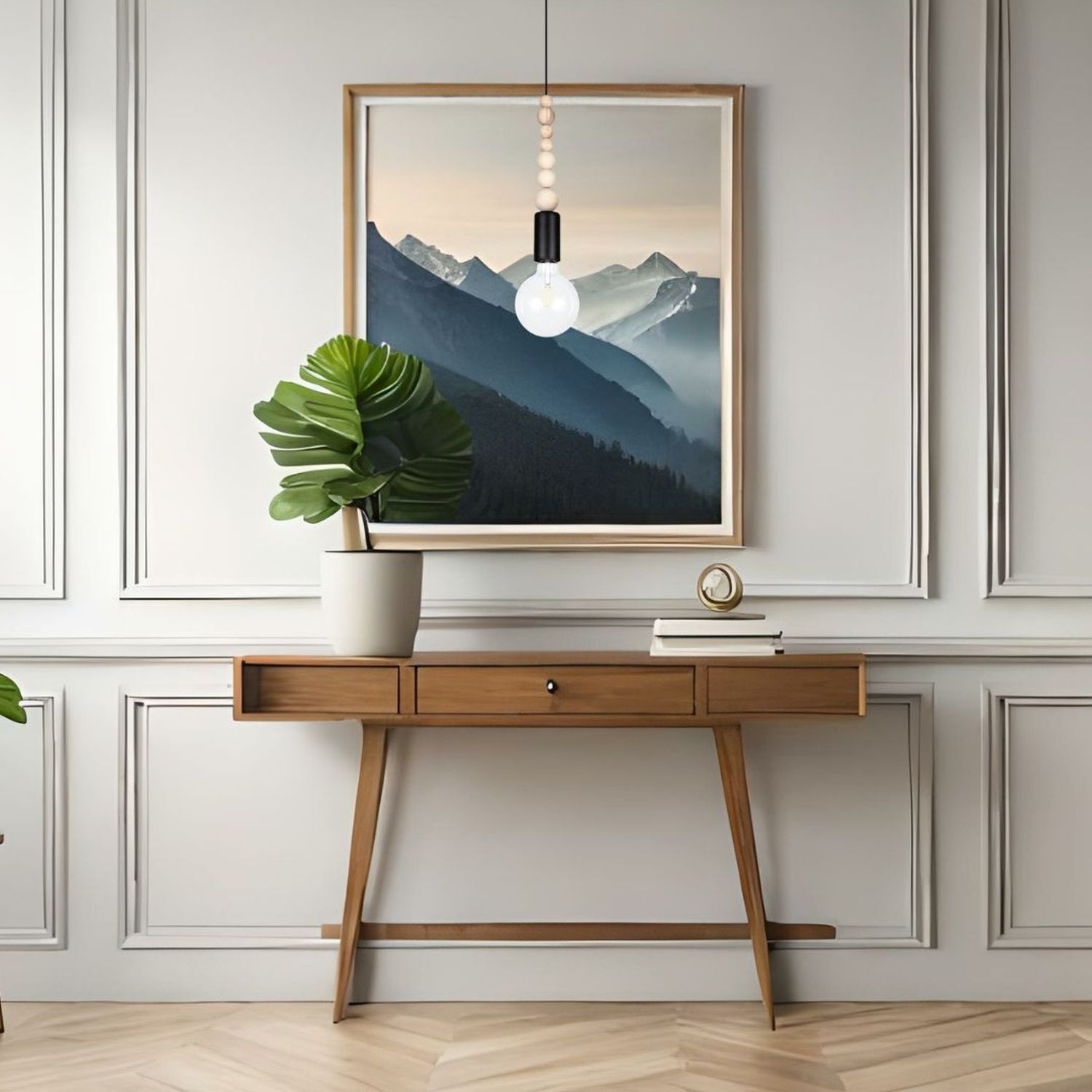 Hängelampe Holz Metall Schwarz E27 Ø10 cm rund wohnlich konsole, dossier, lampe, bild, pflanze