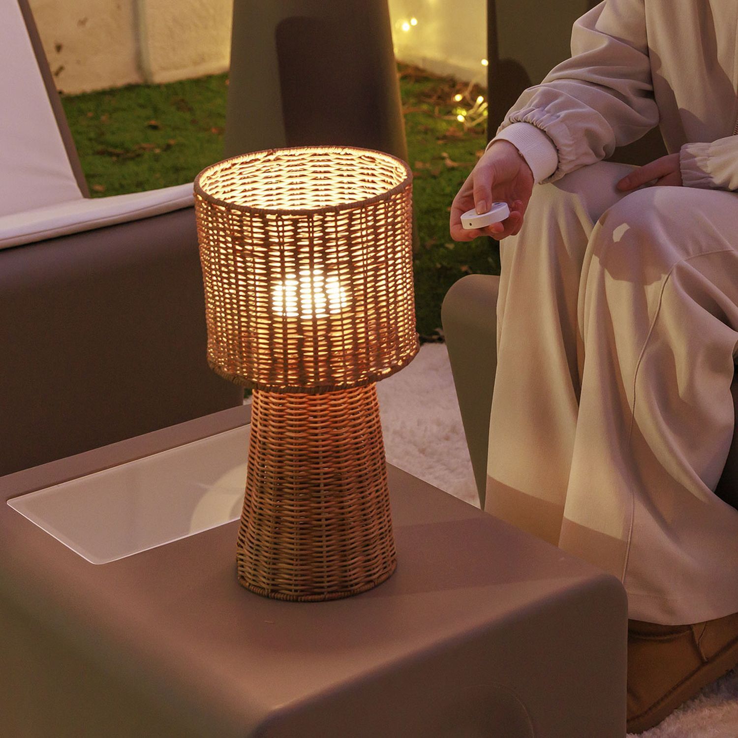 LED Akku Tischlampe dimmbar 3000 K IP54 38 cm Rattan Lampe, Tischlampe, Rattanlampe, Beleuchtung, Wohnzimmer