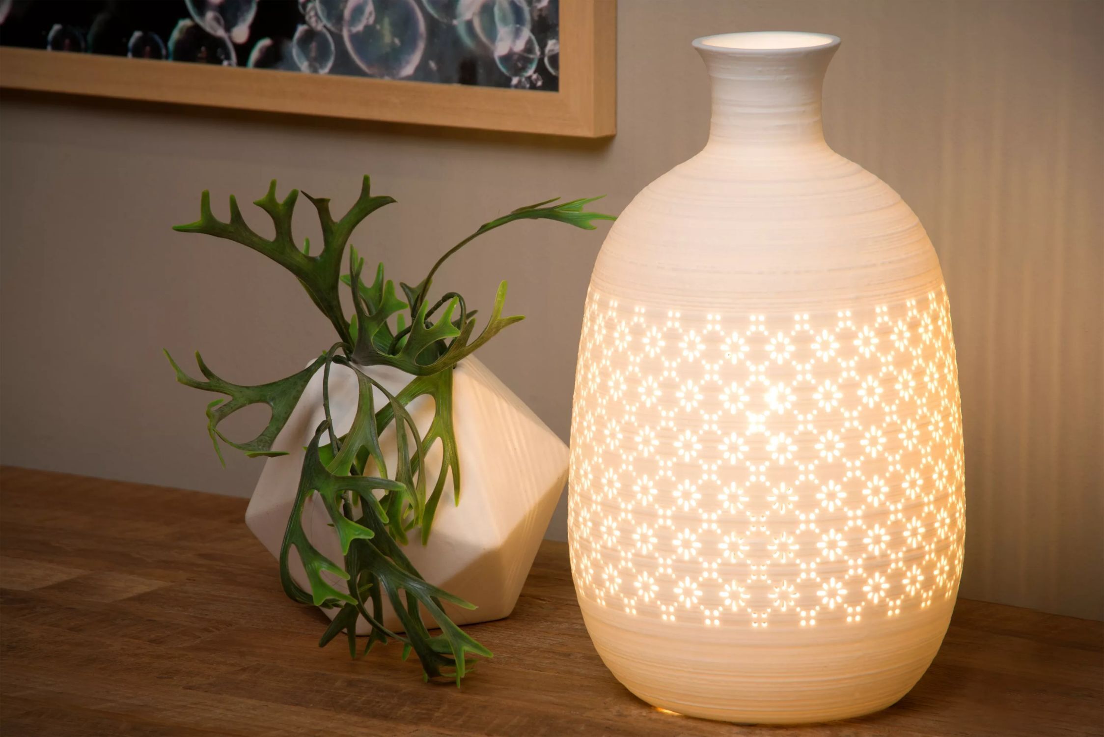 Tischleuchte Porzellan Weiß Ø15,4 cm rund E14 26,3 cm Pflanze, Lampe