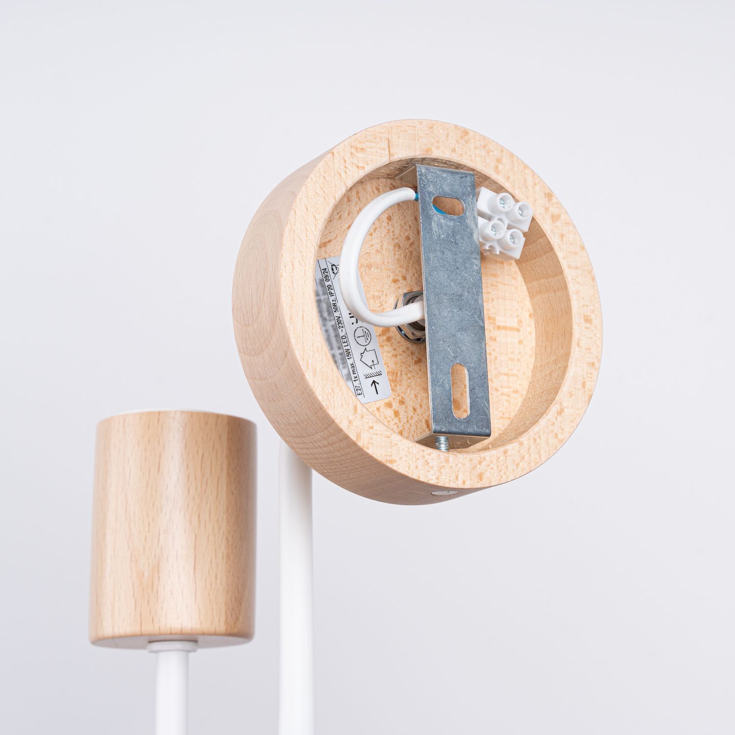 Wandleuchte mit Arm Stahl Holz Weiß E27 H:18 cm Holz, Lampe, Deckenlampe, Metallarm, Kabelanschluss