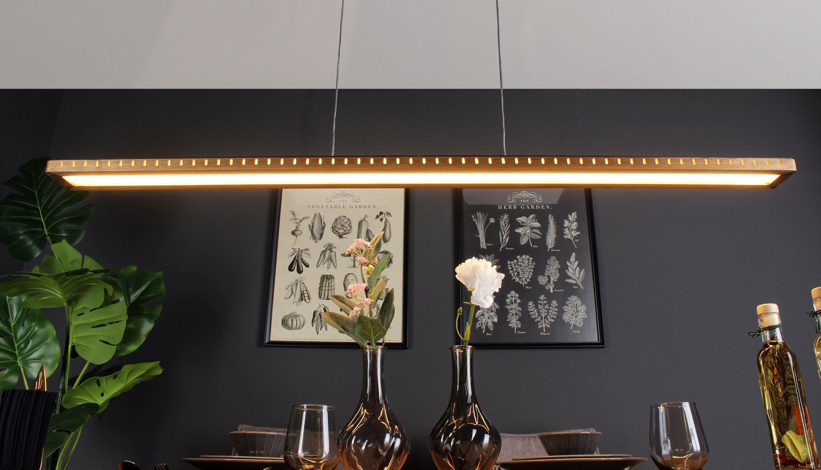 Lange LED Hängelampe Aluminium Holz L:120 cm warmweiß Pendelleuchte, Hängelampe, Lineare LED, Holzrahmen, Esstischleuchte