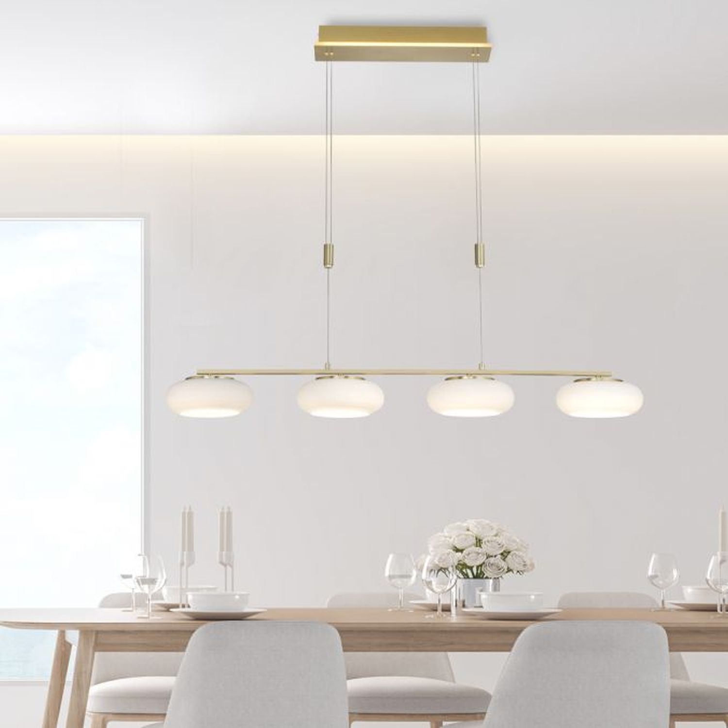 LED Hängelampe Glas 108 cm Fernbedienung in Messing Esstisch, Tisch, Esszimmer, Lampe, Deckenleuchte