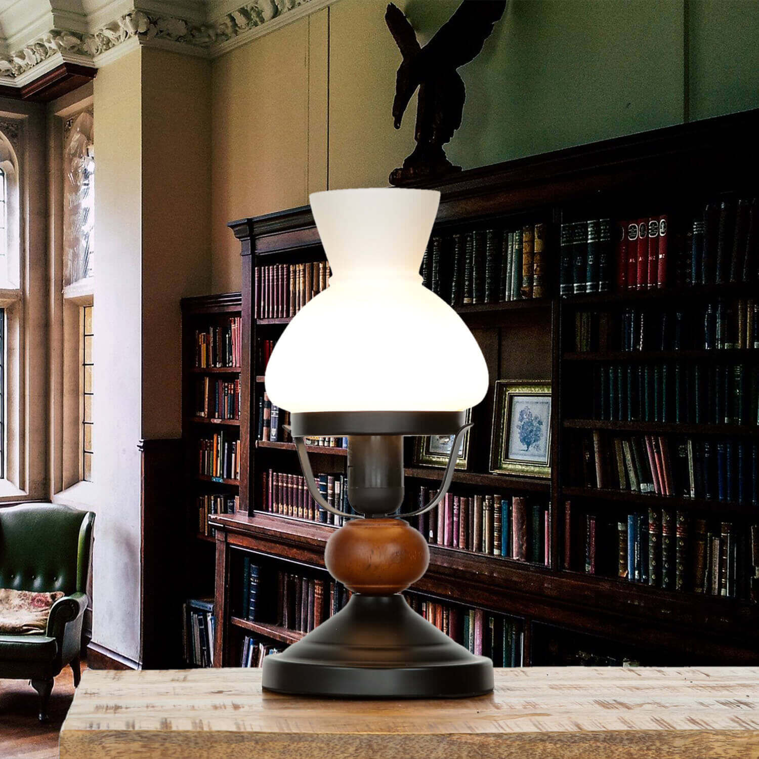 Tischlampe Echt-Holz Glas Landhausstil rustikal Lampe, Mobiliar, Bücherschrank, Stuhl