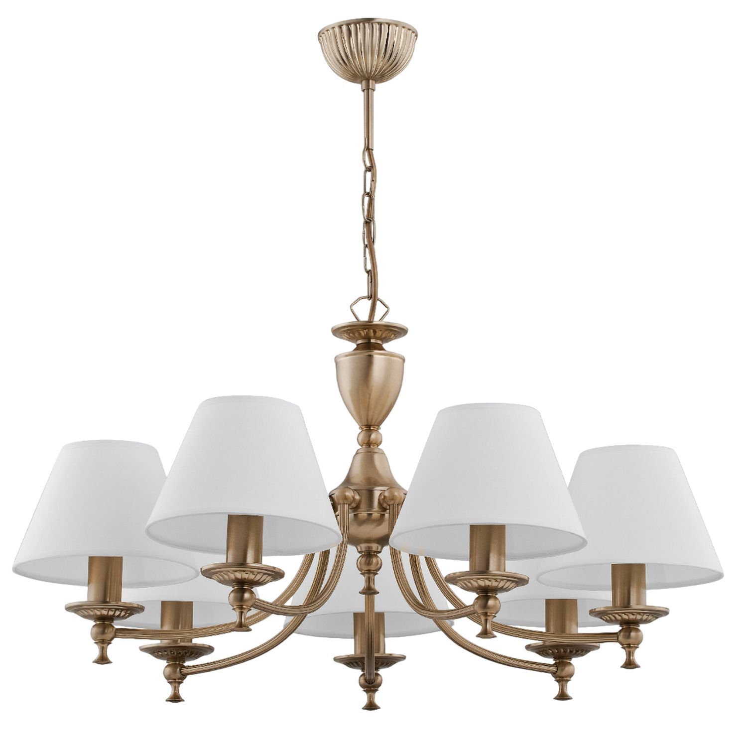 AF18347.63 Kronleuchter, Goldfarbenes Finish, Weiße Lampenschirme, Deckenpendel, Mehrarmig