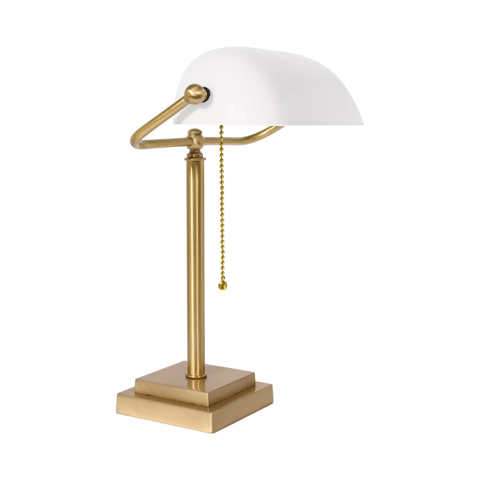 Lampe de banquier laiton verre 40 cm interrupteur à tirette en bronze blanc