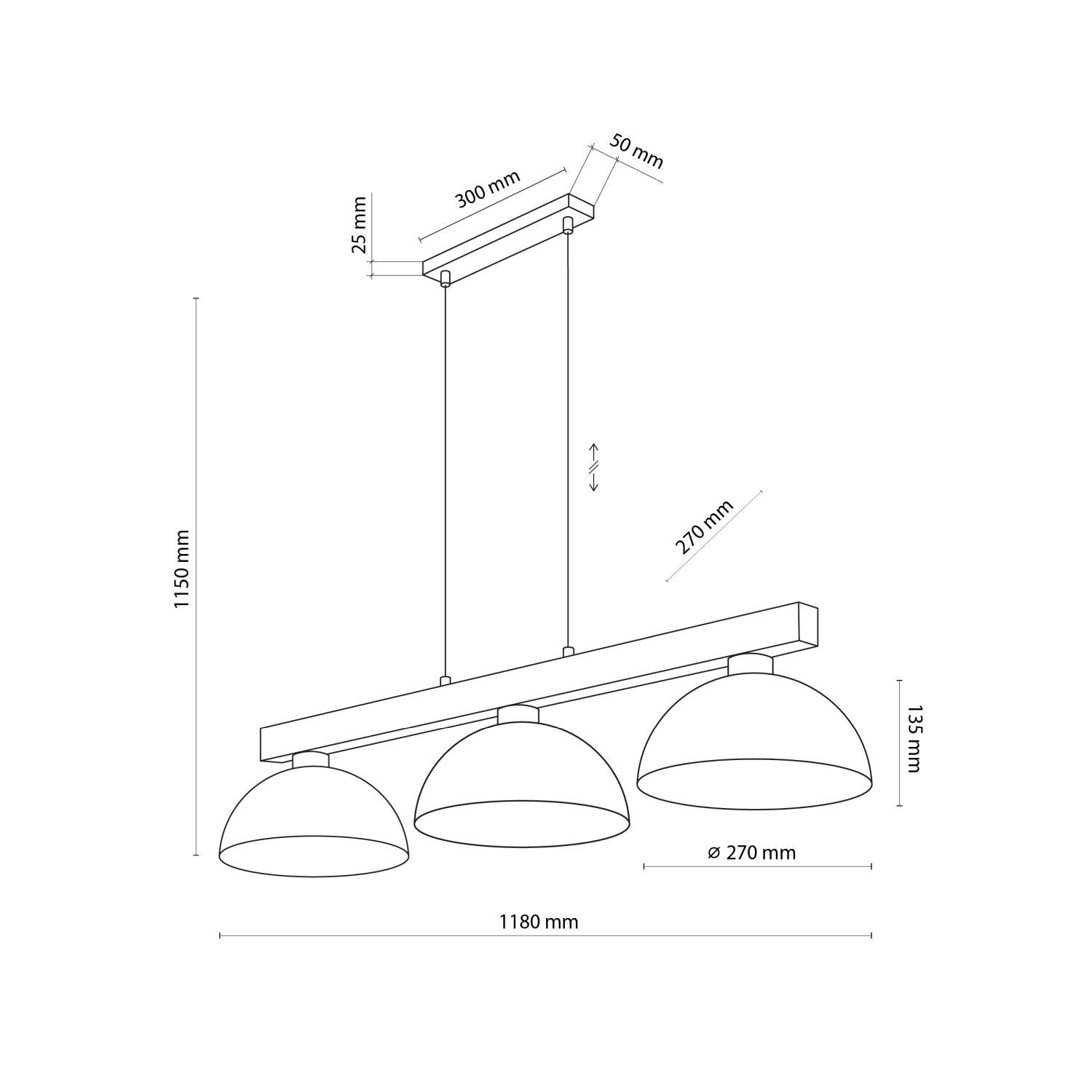 Lampe à suspendre 118 cm de long H : max. 115 cm bois métal 3x E27
