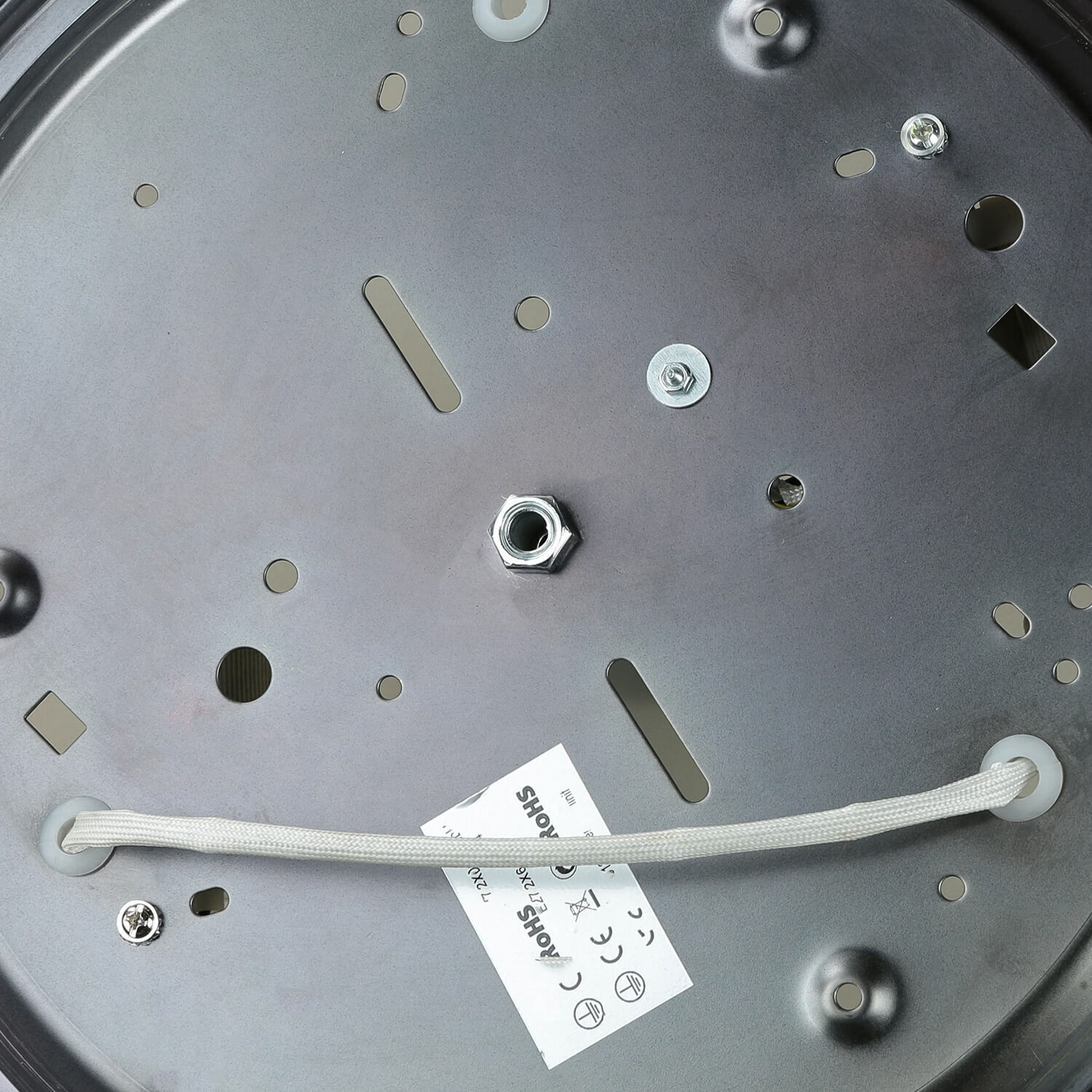 Runde Deckenleuchte E27 SUDAN mit Glasschirm Messing Optik Metallplatte, Zentralmutter, Netz-/Kabel, Schraubenlöcher, Belüftungslöcher