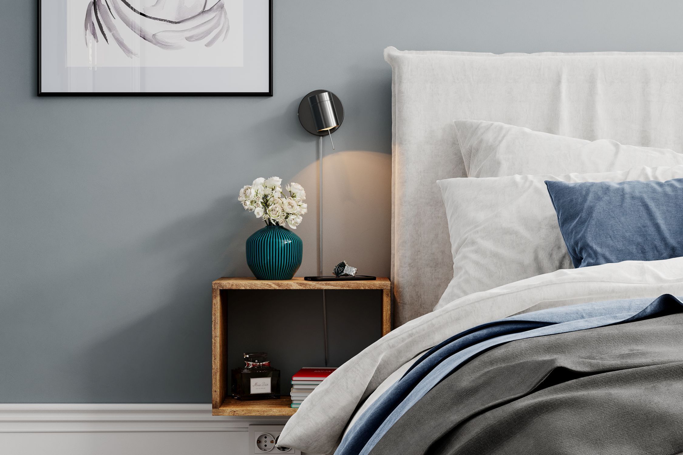 Bett, Nachttisch, Lampe, Vase, Blumen