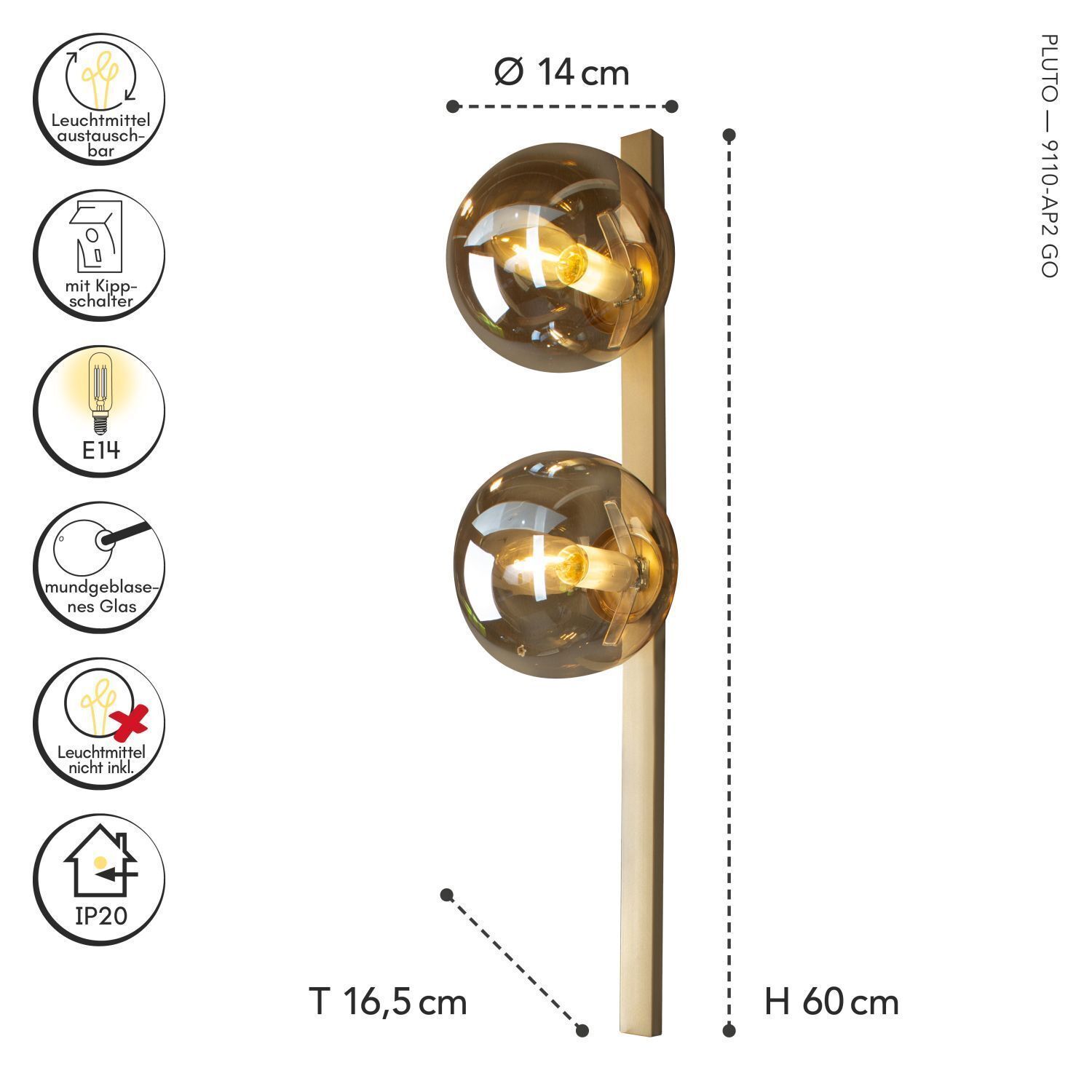 Wandlampe Bernstein Glas Schalter Gold E14 60 cm 2-flmg Wandlampe, Glaskugel, Glimmerauge, E14, Standleuchte