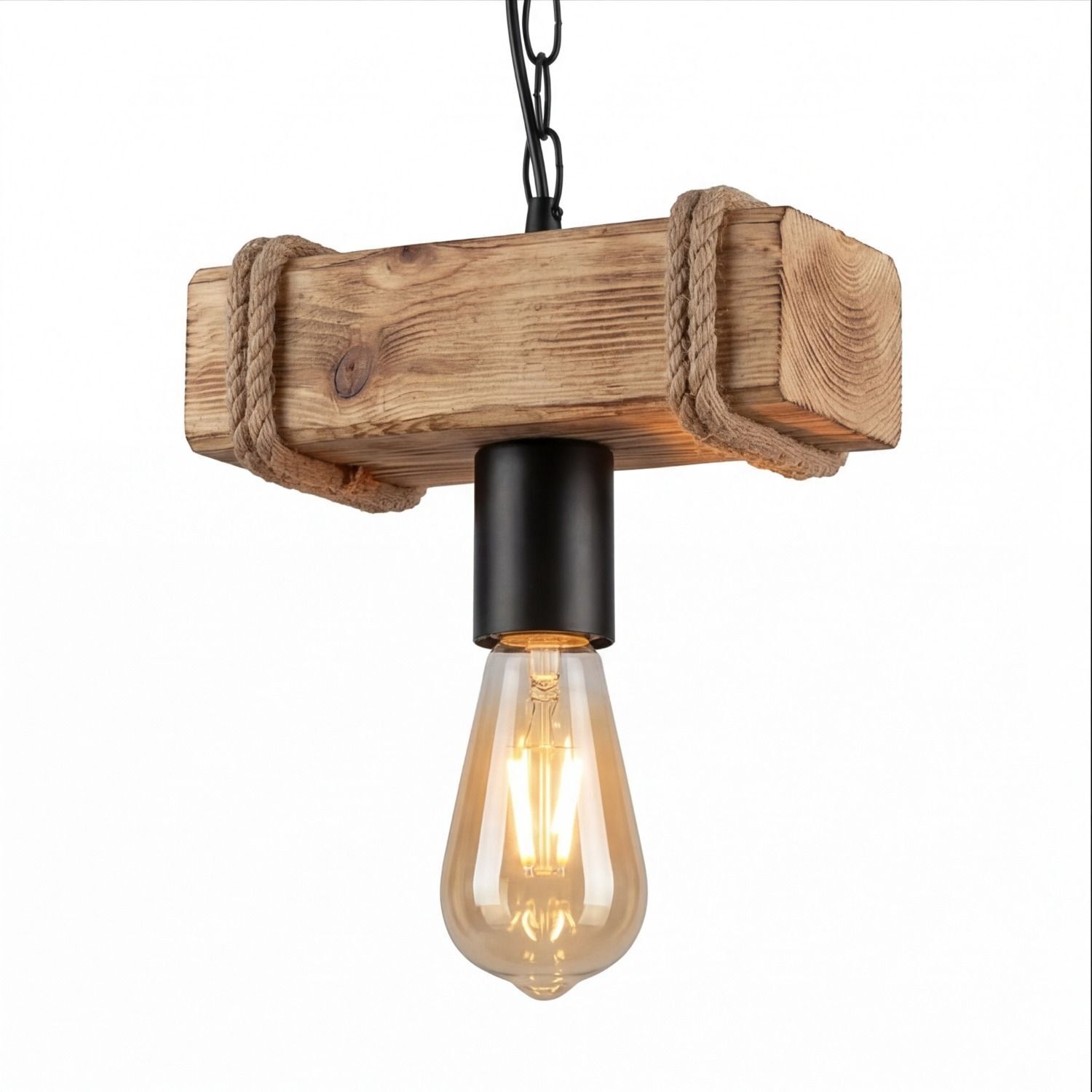 hängelampe, Holz, Rundholzbalken, Metallfassung, Vintage-Glühbirne