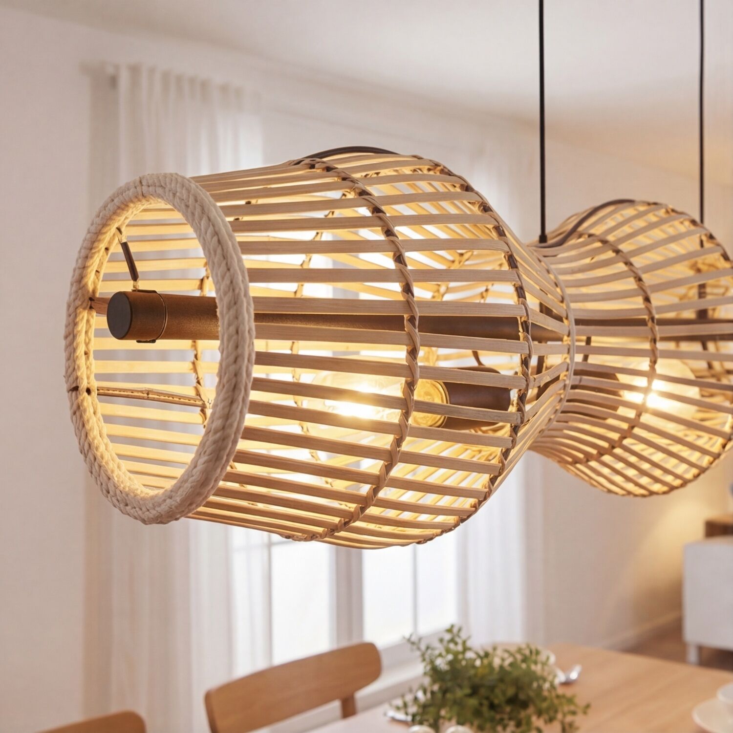 Hängelampe Bambus Natur E27 80 cm 3-flmg Skandinavisch Hängeleuchte, Lampenschirm, Rattan, Holzlampe, Beleuchtung