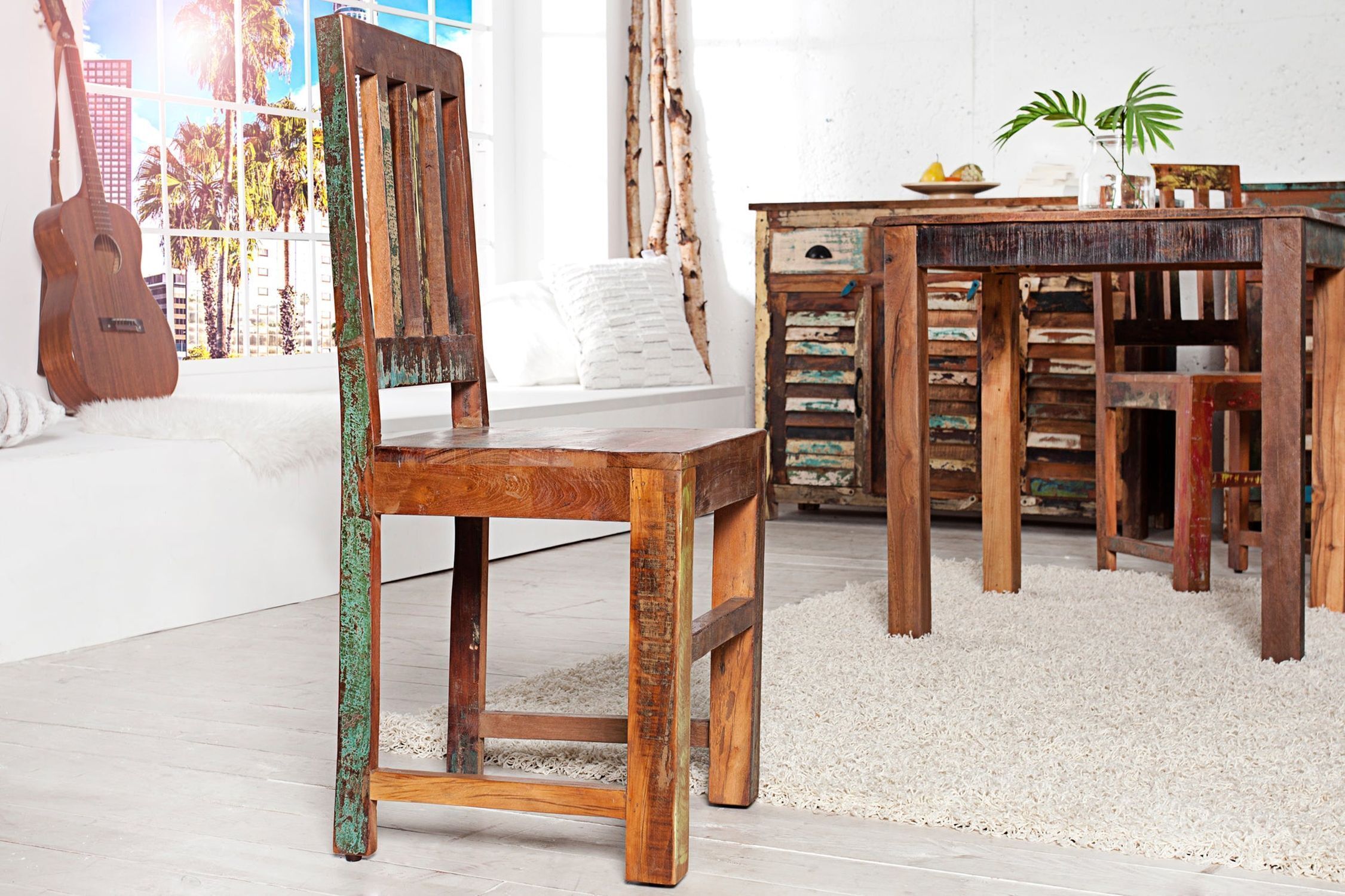 Chaise de salle à manger en bois multicolore Unikat Handarbeit BLANCA Innenarchitektur, Holz, Hartholz, Fußboden, Gebeiztes Holz