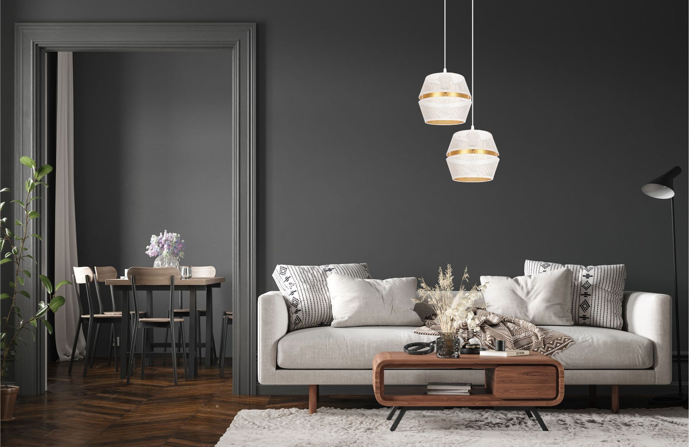 Suspension blanc or métal 2 flammes L:40 cm E27 Dekoration für Zuhause, Wohnzimmer, Innenarchitektur, Tabelle, Kissen